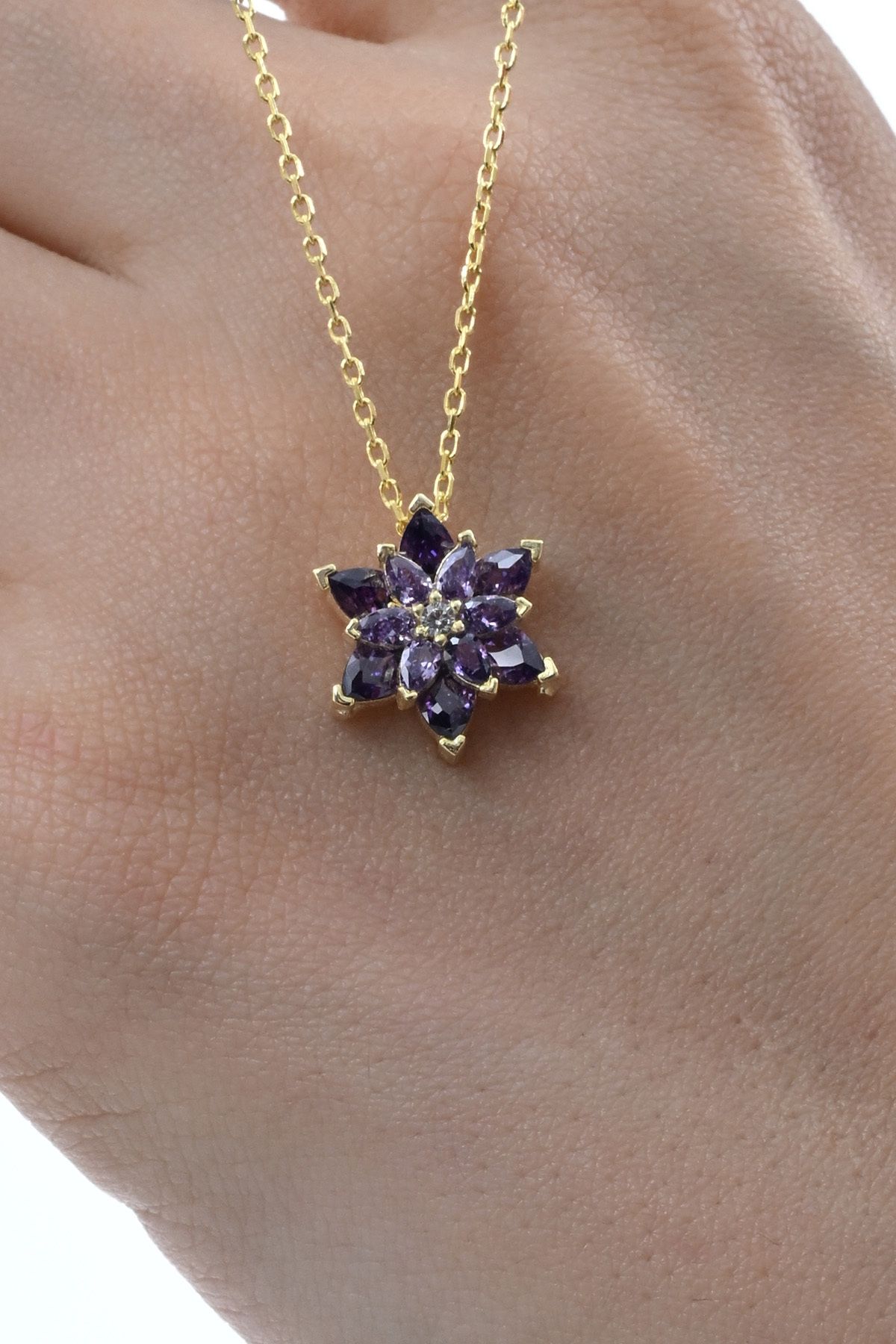 jingle bells Lotus Çiceği Kolye Çift Katlı Ametist Zirkon Taşlı 925 Ayar Gümüş Altın Kaplama