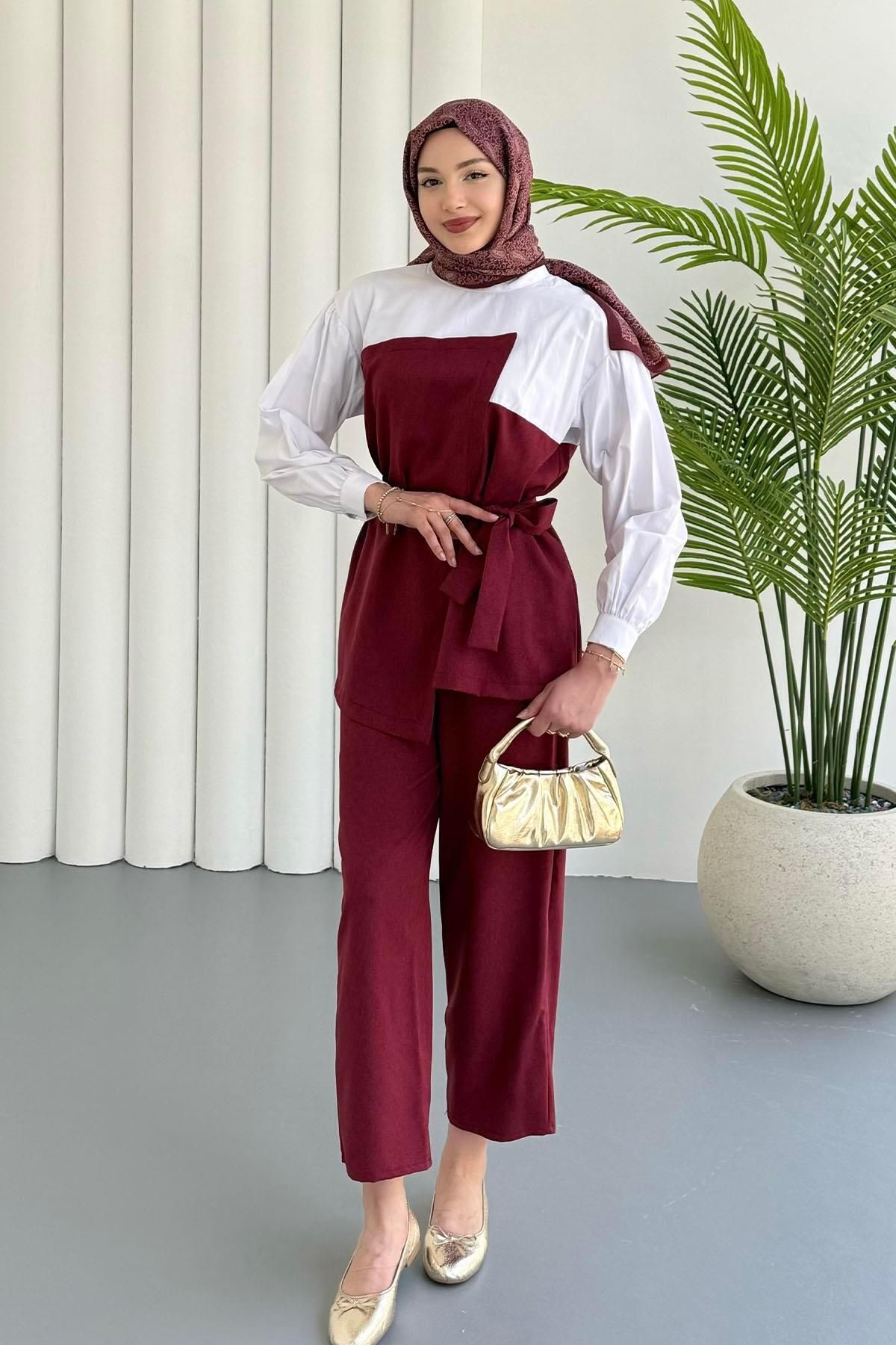 Modaensarbutik Nora Gömlek Detaylı İkili Tesettür Takım-BORDO