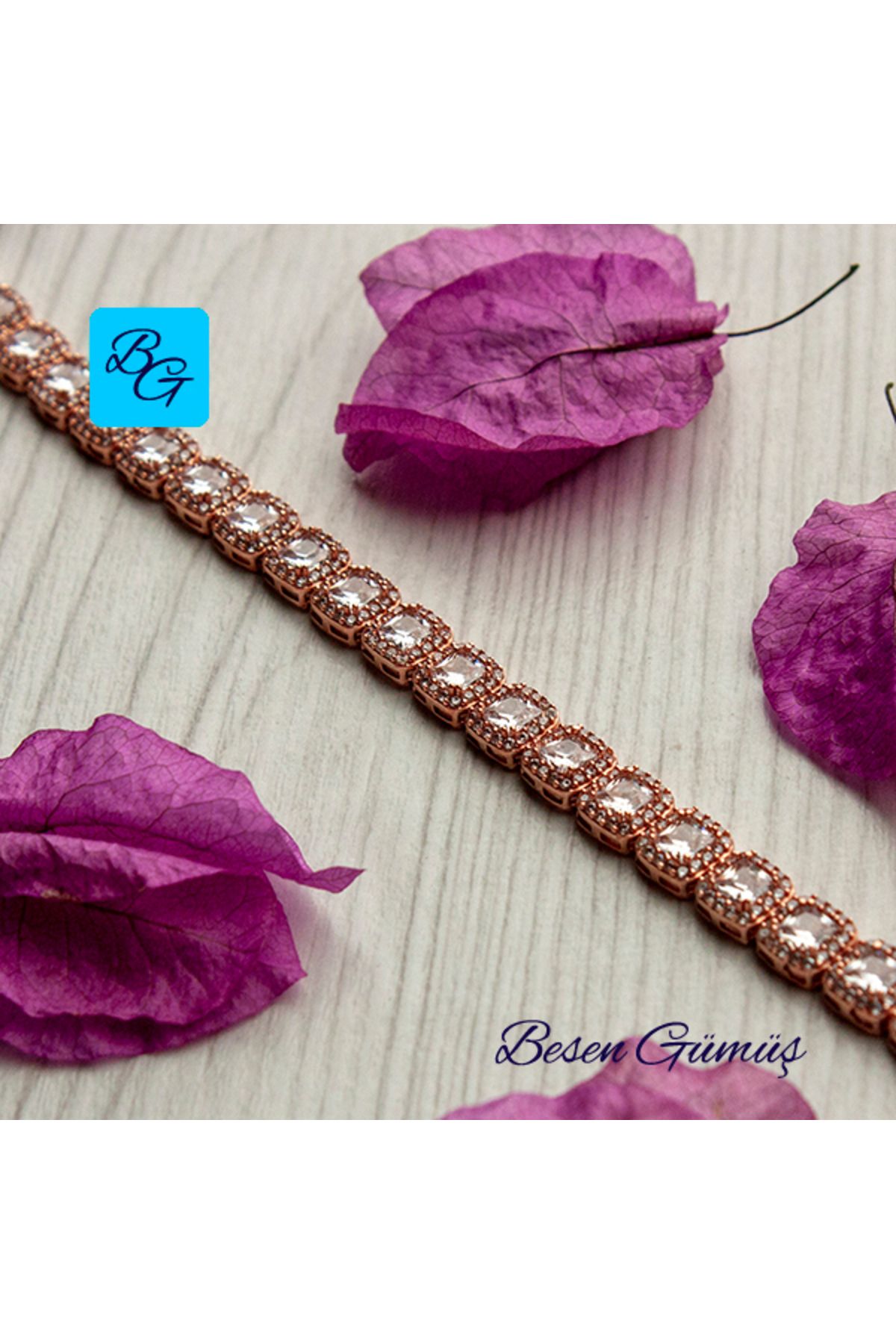 Besen Gümüş Rose Kare Baget Taşlı Suyolu Bileklik