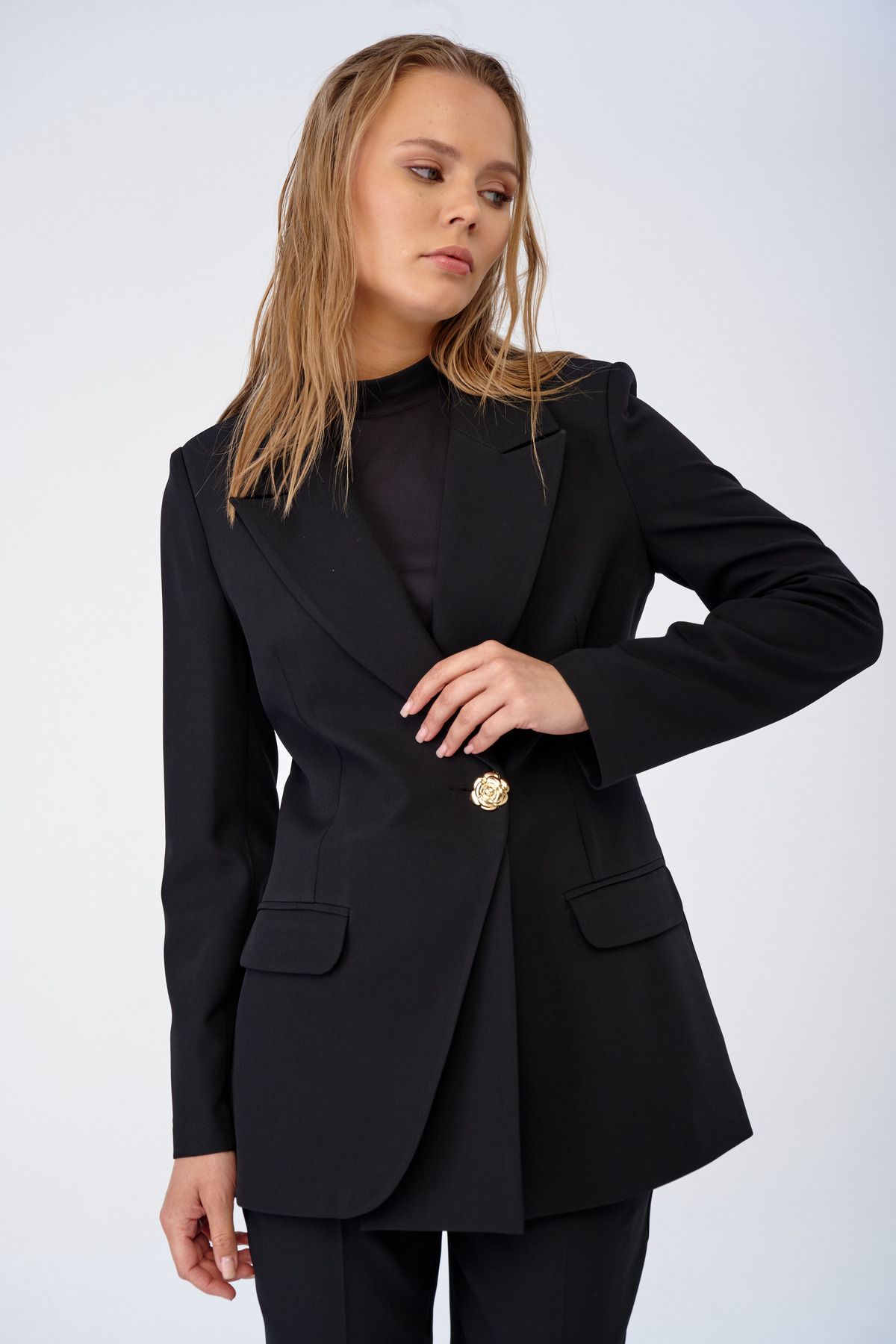 sdf line Büyük Düğme Detaylı Premium Atlas Kumaş Arkası Lastikli bol kesim Pantolonlu Blazer Takım