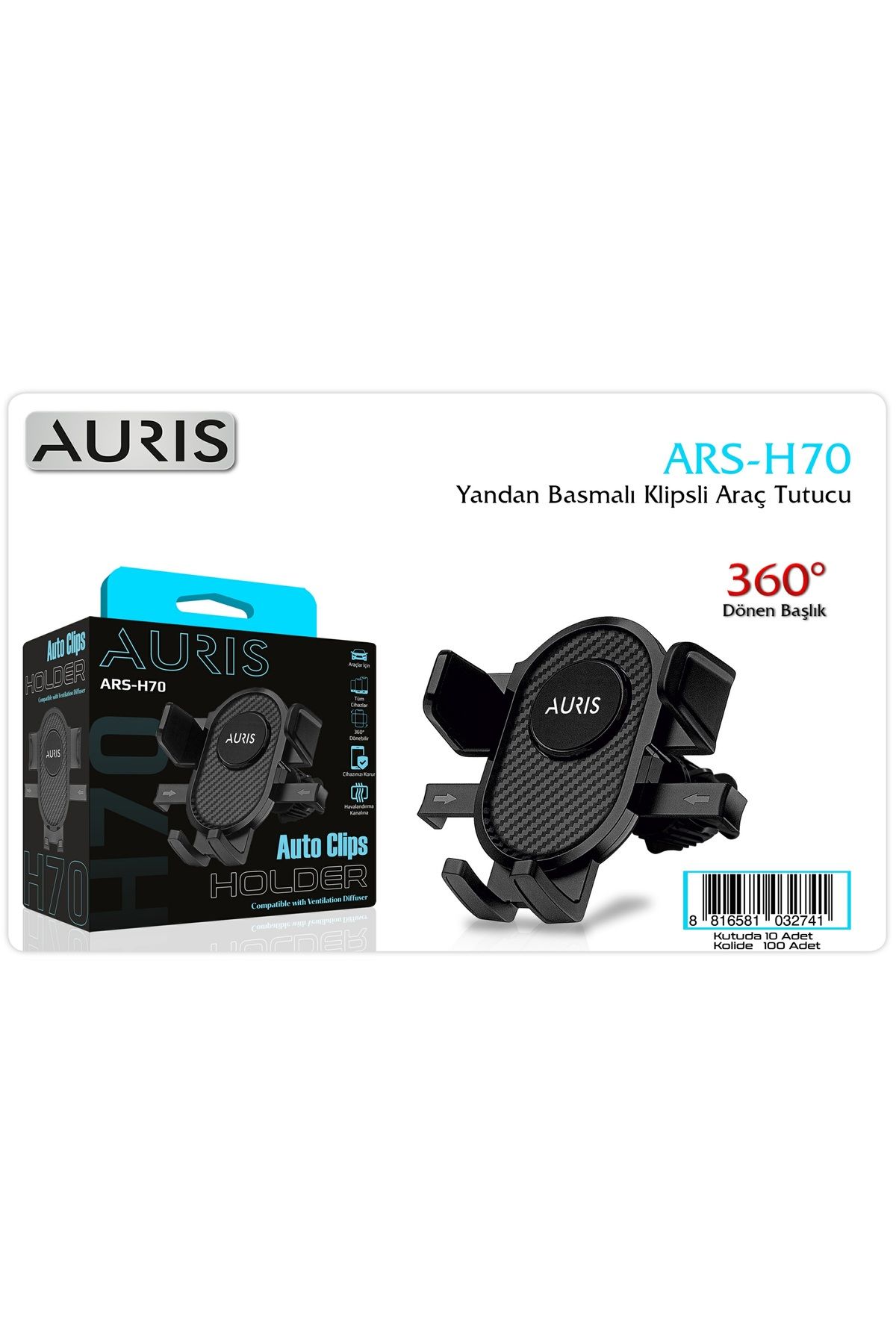Auris H70 Araç İçi Telefon Tutucu – Yandan Basmalı Klipsli Havalandırma Izgarası Telefon Tutucu