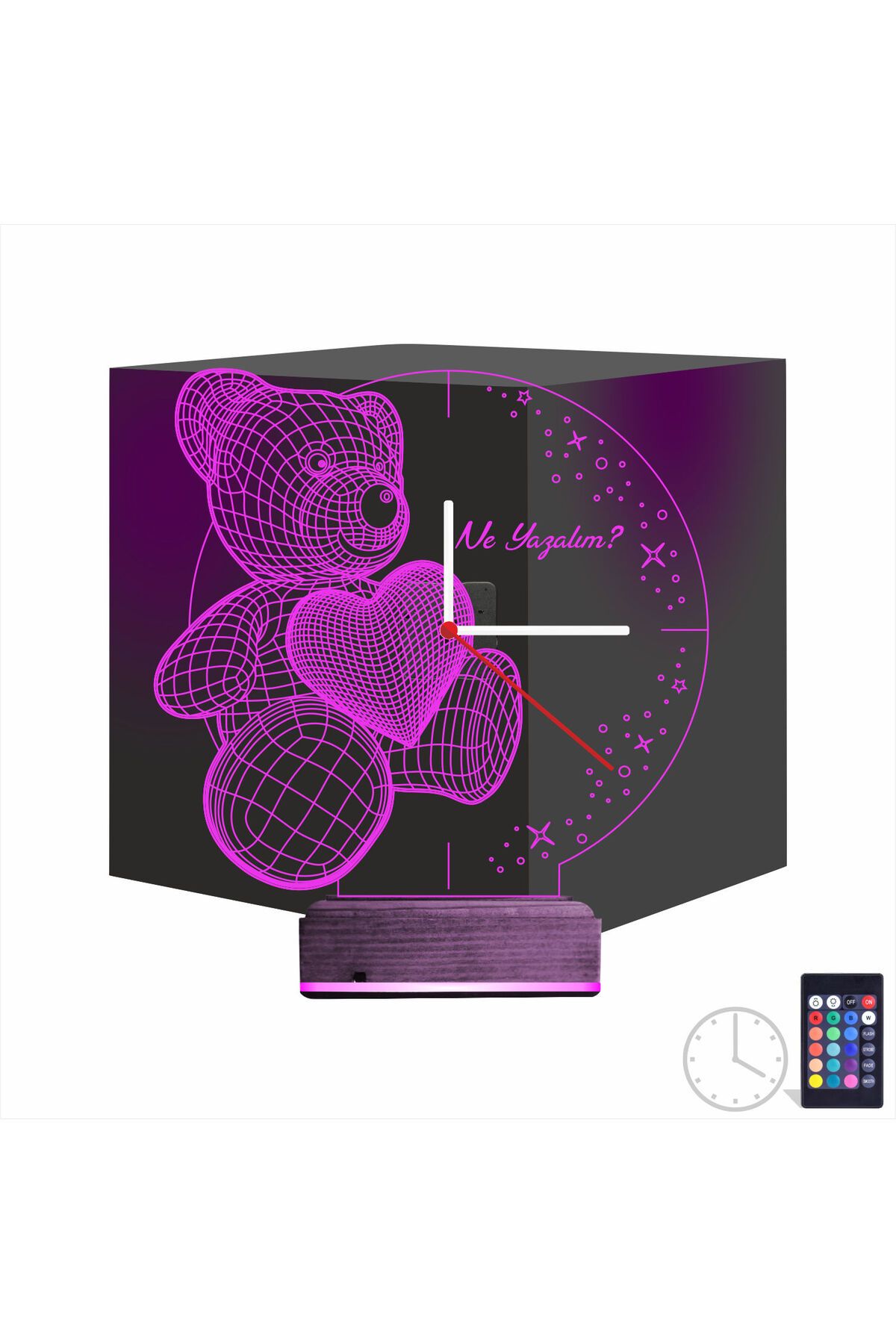 Kirppi 3d Saat Lamba Kalp Ayıcık Kişiye Özel Masa Gece Lambası