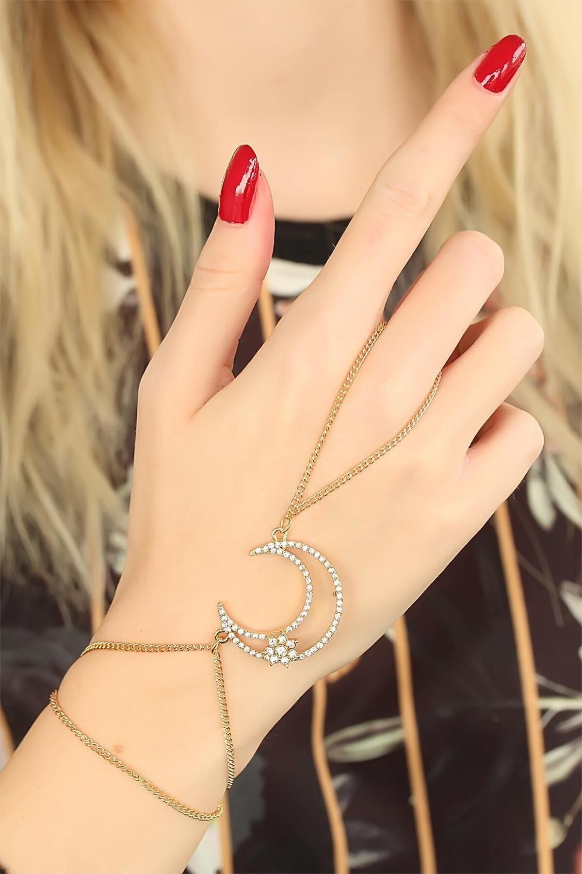 SeyCey.co Gold Renk Zirkon Taşlı Ay Tasarım Şahmeran Bileklik