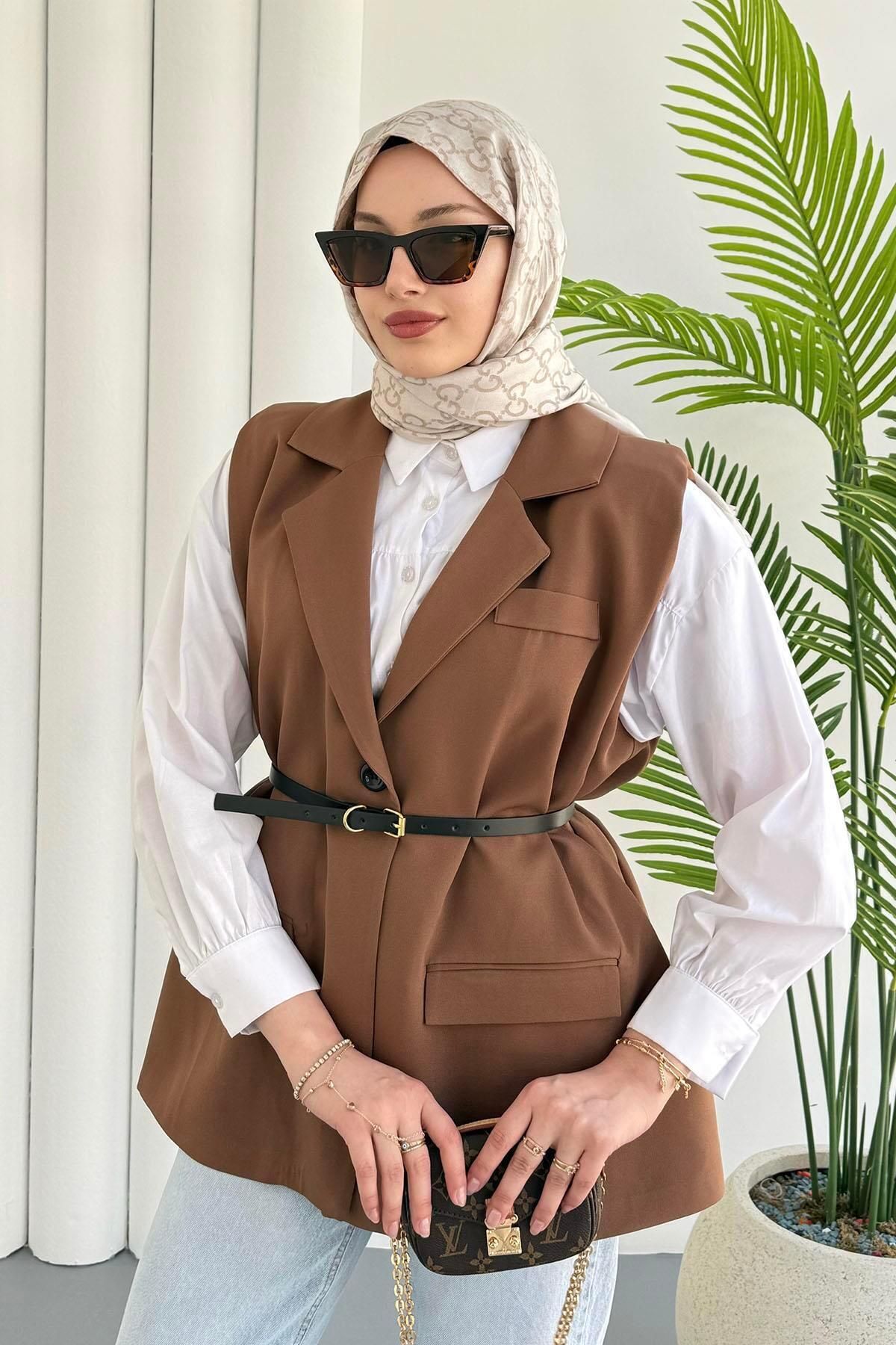 Modaensarbutik Oversize Kemer Detaylı Krep Yelek-kahverengi̇