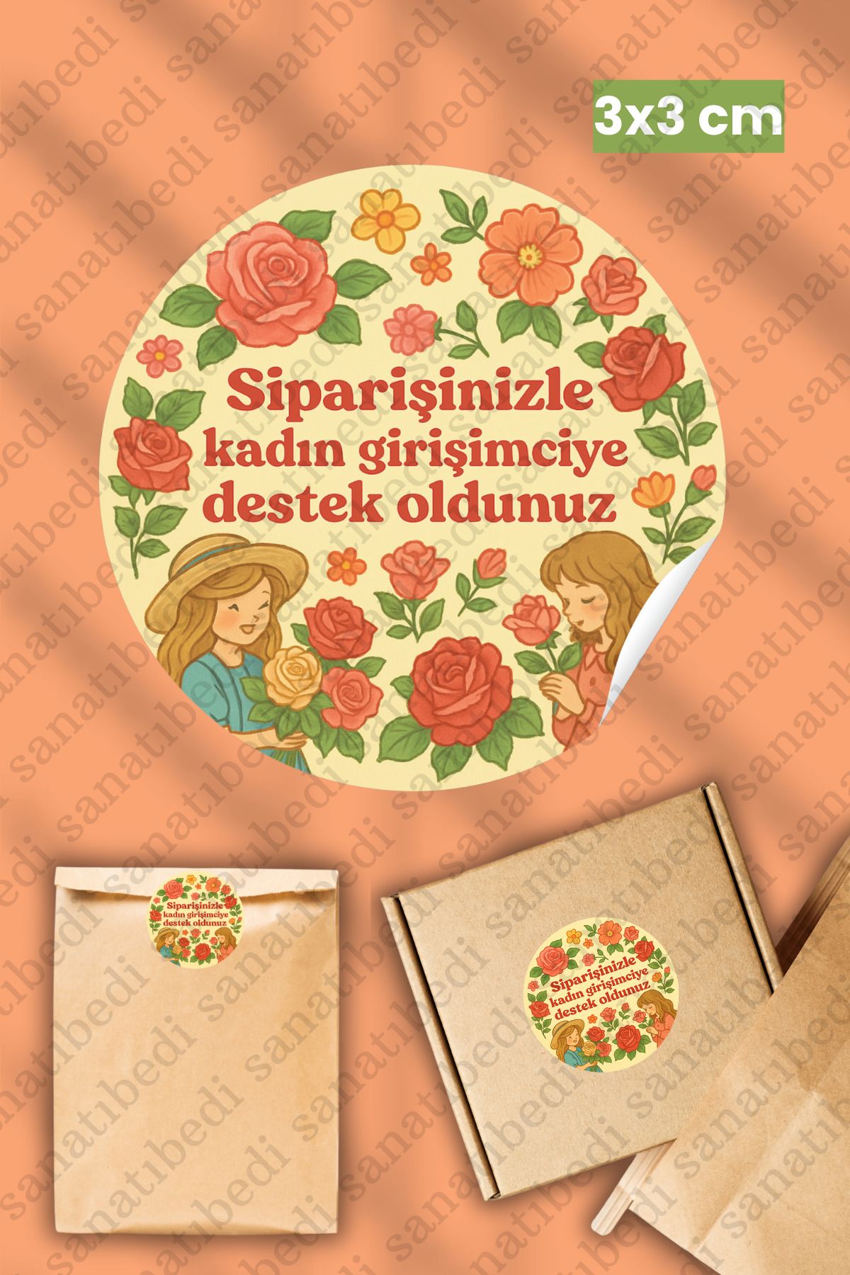 sanatıbedi 50 Adet Kadın Girişimci Paketleme Ambalaj Kargo Ürün Etiketi Yapışkanlı Sticker 3X3 cm
