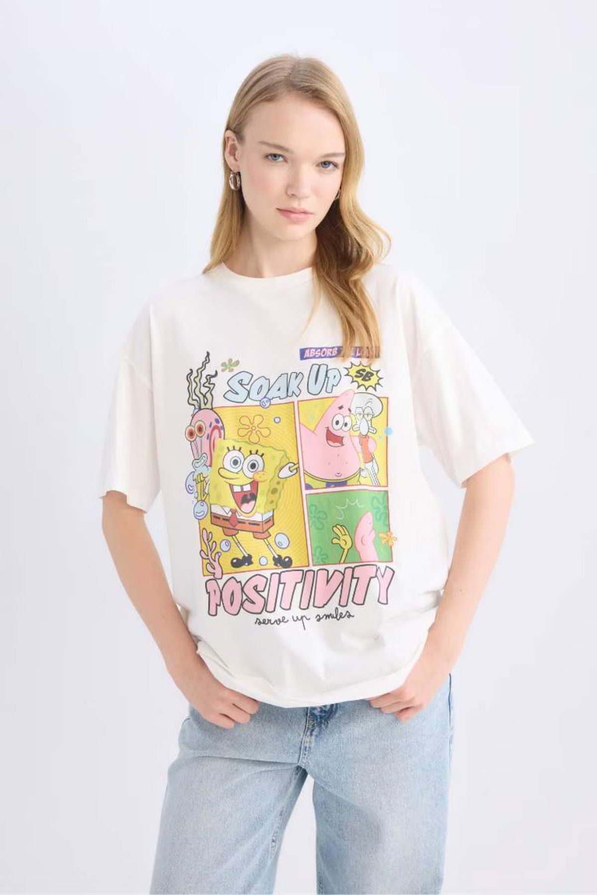 DeFacto Coool SpongeBob Oversize Geniş Kalıp Bisiklet Yaka Baskılı Kısa Kollu Tişört