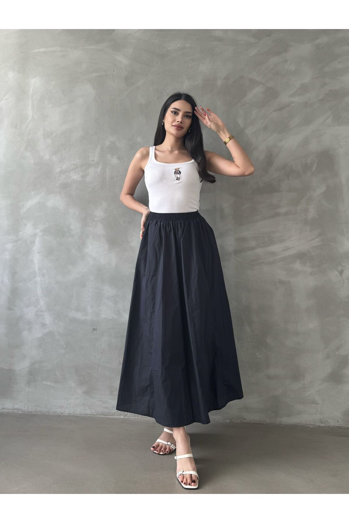 Bahar Altundemir Kadın Poplin Kumaş Cepli Beli Lastikli Uzun Etek Premium Etek