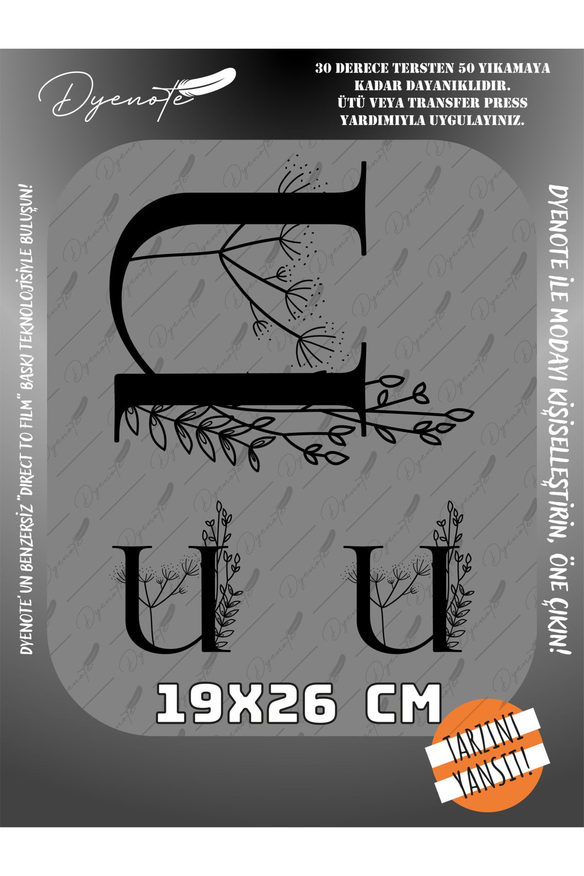 DYENOTE U Monogram Siyah Harf Seti - Ütüyle Yapıştır - 19x26 CM