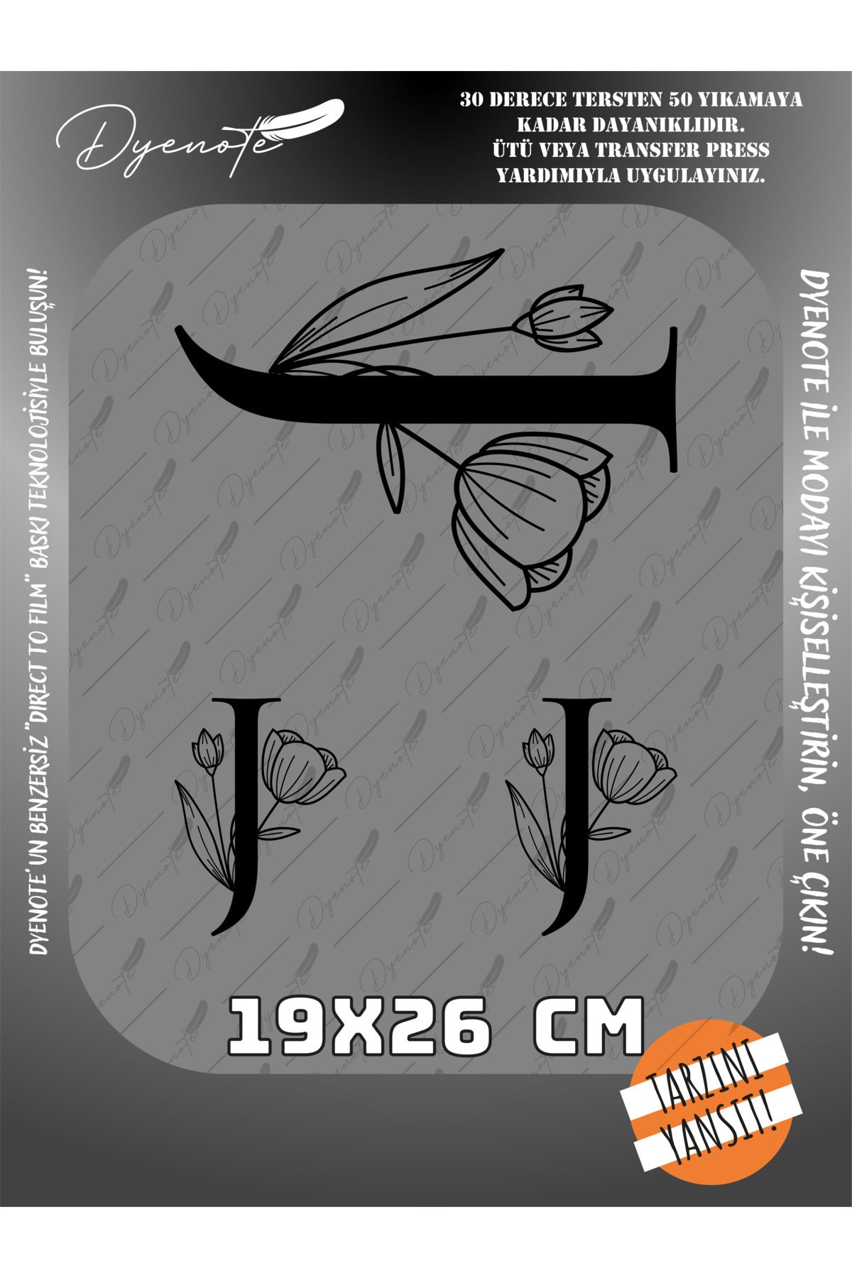 DYENOTE J Monogram Siyah Harf Seti - Ütüyle Yapıştır - 19x26 CM