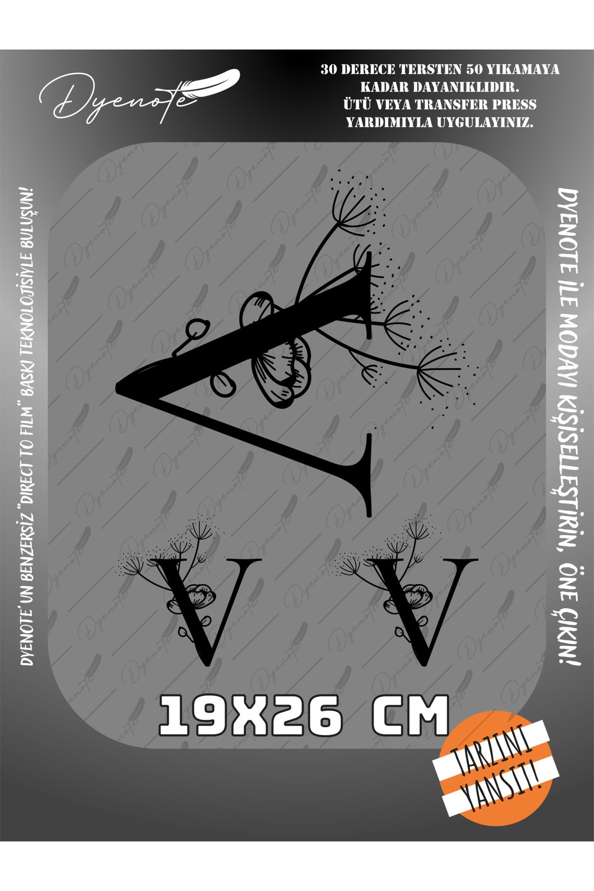 DYENOTE V Monogram Siyah Harf Seti - Ütüyle Yapıştır - 19x26 CM