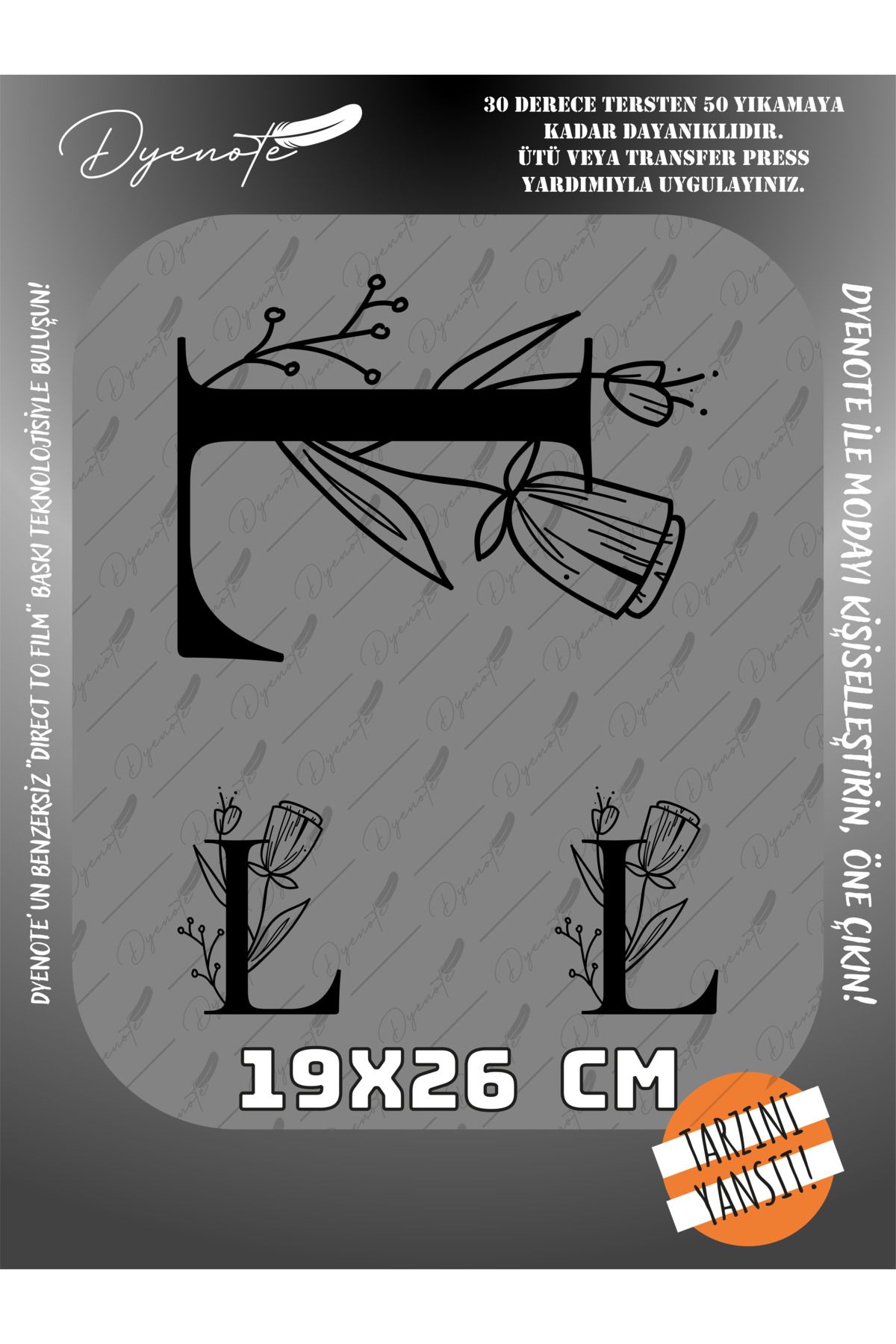 DYENOTE L Monogram Siyah Harf Seti - Ütüyle Yapıştır - 19x26 CM