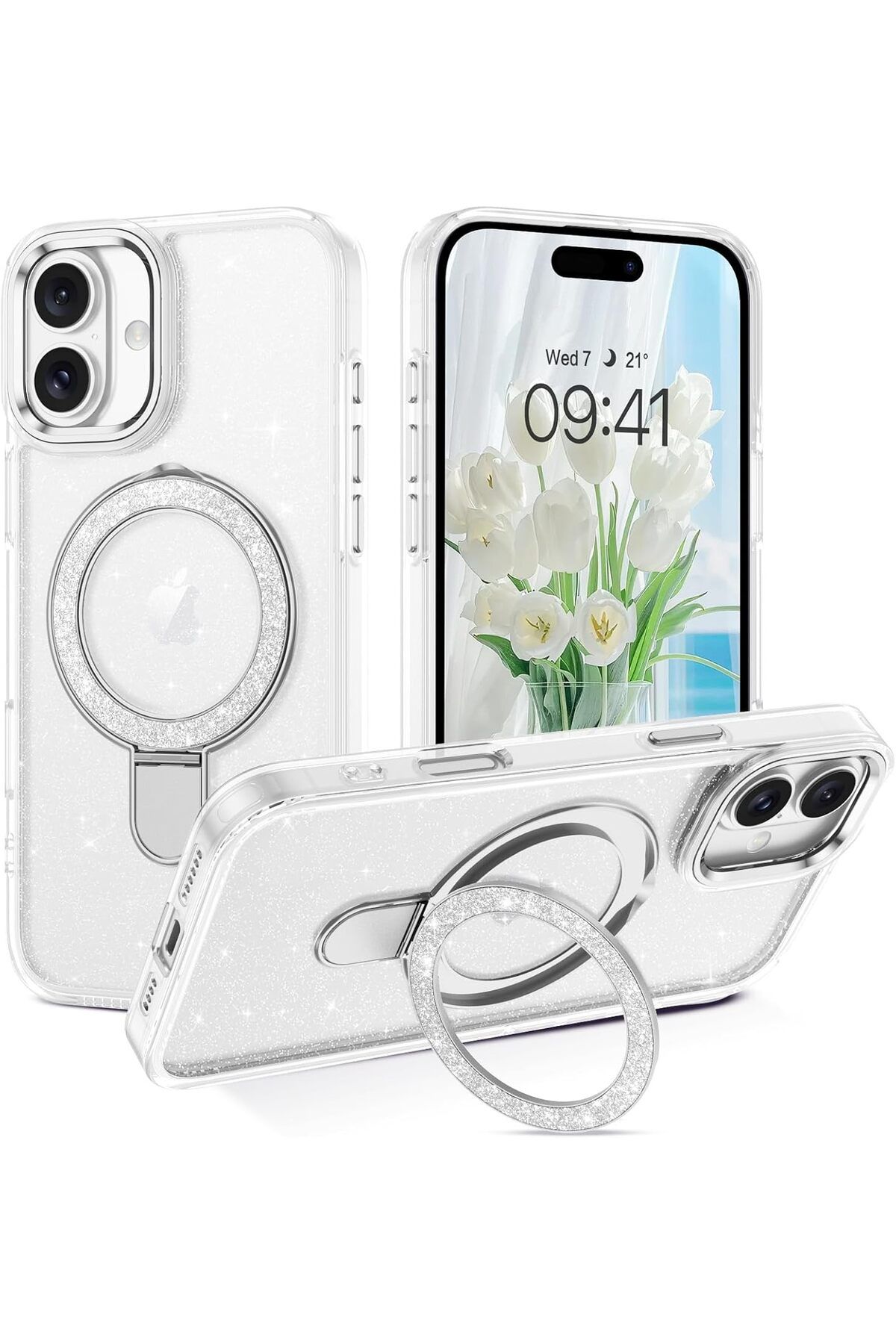 Deppo Trend iPhone 16 Uyumlu Kılıf Simli Parlak Stand Olabilen Magsafe Şarj için Uygun Renkli Arka Kapak