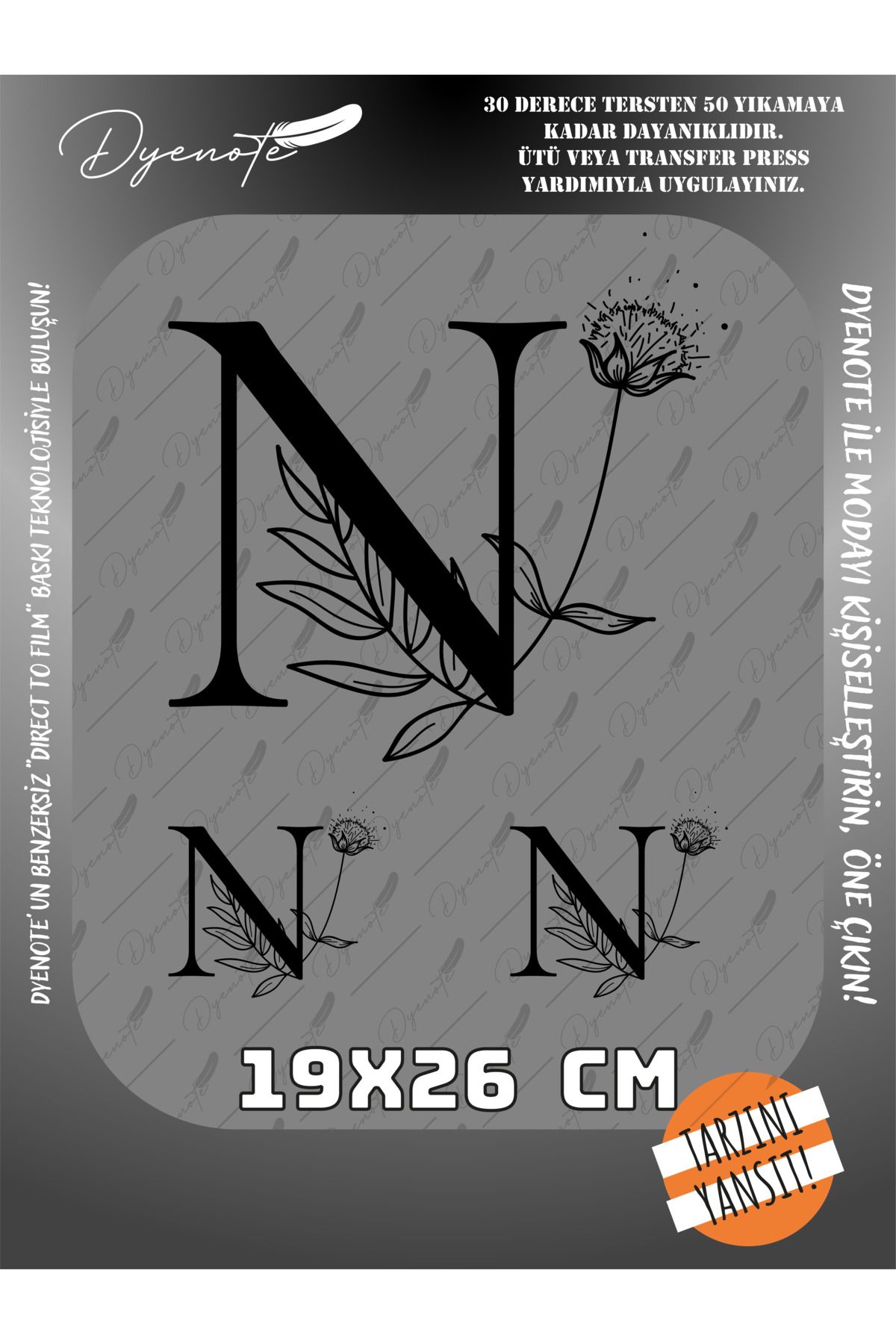 DYENOTE N Monogram Siyah Harf Seti - Ütüyle Yapıştır - 19x26 CM