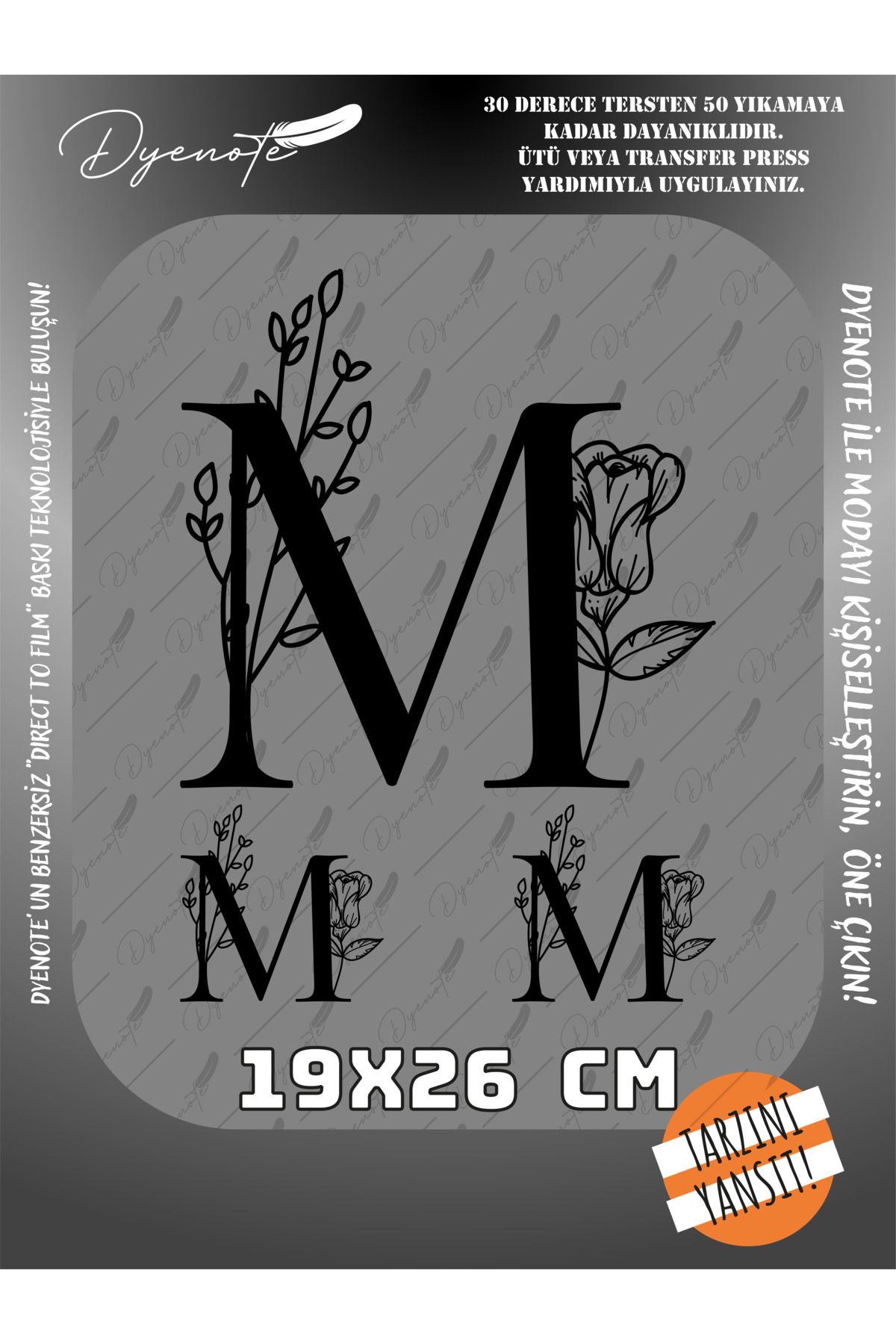 DYENOTE M Monogram Siyah Harf Seti - Ütüyle Yapıştır - 19x26 CM