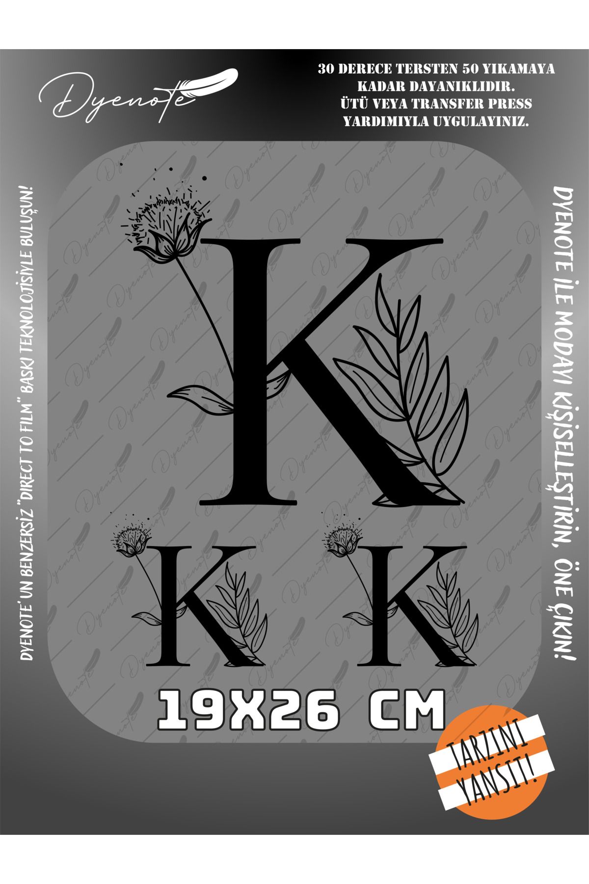 DYENOTE K Monogram Siyah Harf Seti - Ütüyle Yapıştır - 19x26 CM