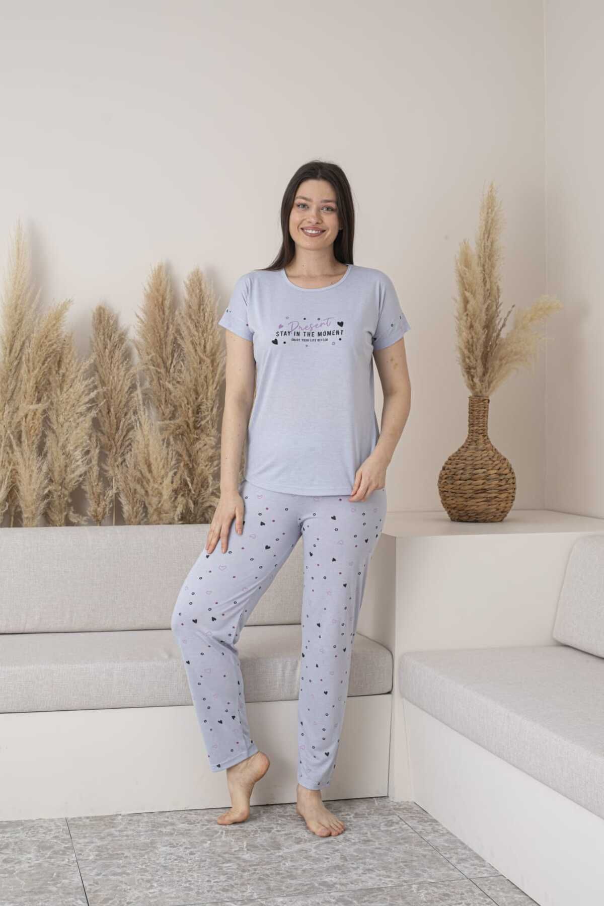 Lio20 Kadın Kalp Desenli Viskon Kısa Kol Pijama Takımı-Gri
