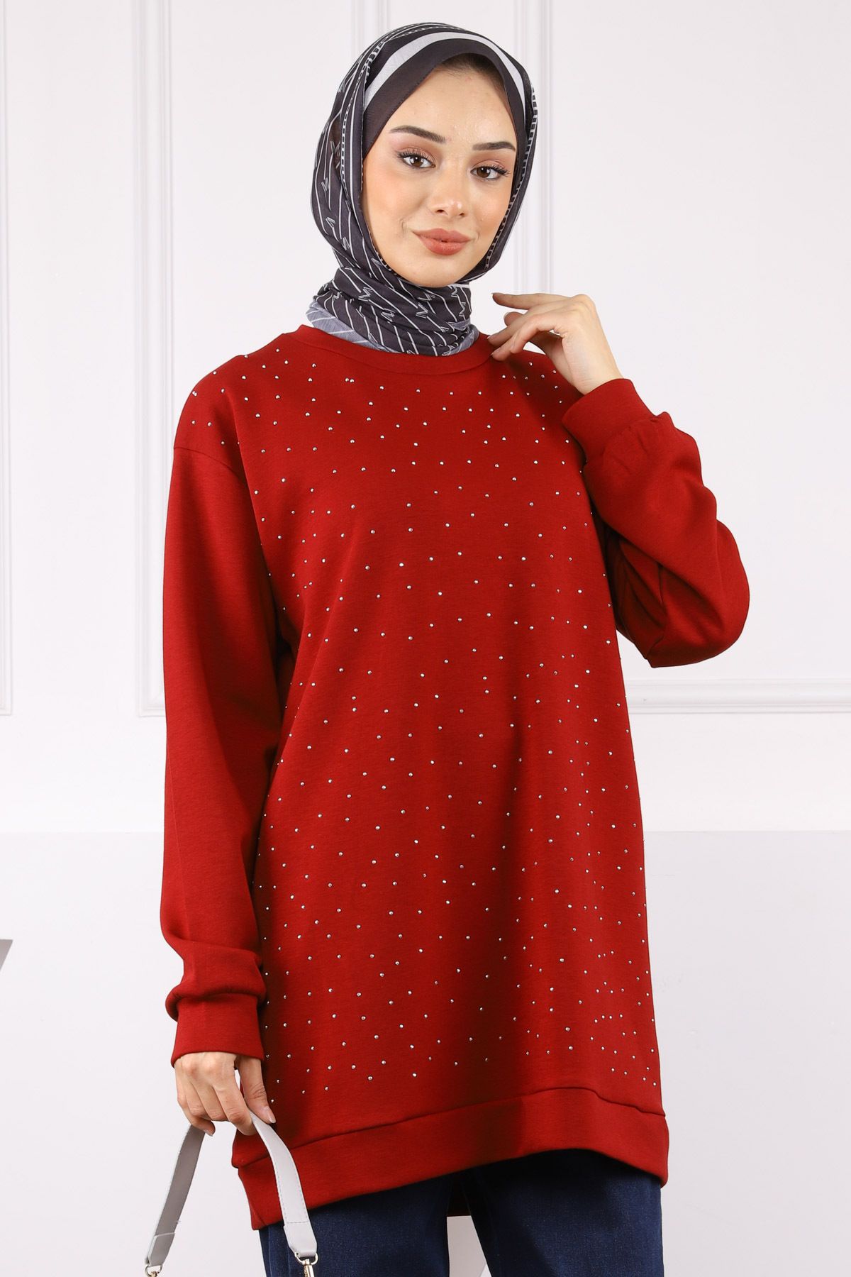 İmajButik Bordo Bisiklet Yaka Taşlı Modal Tunik
