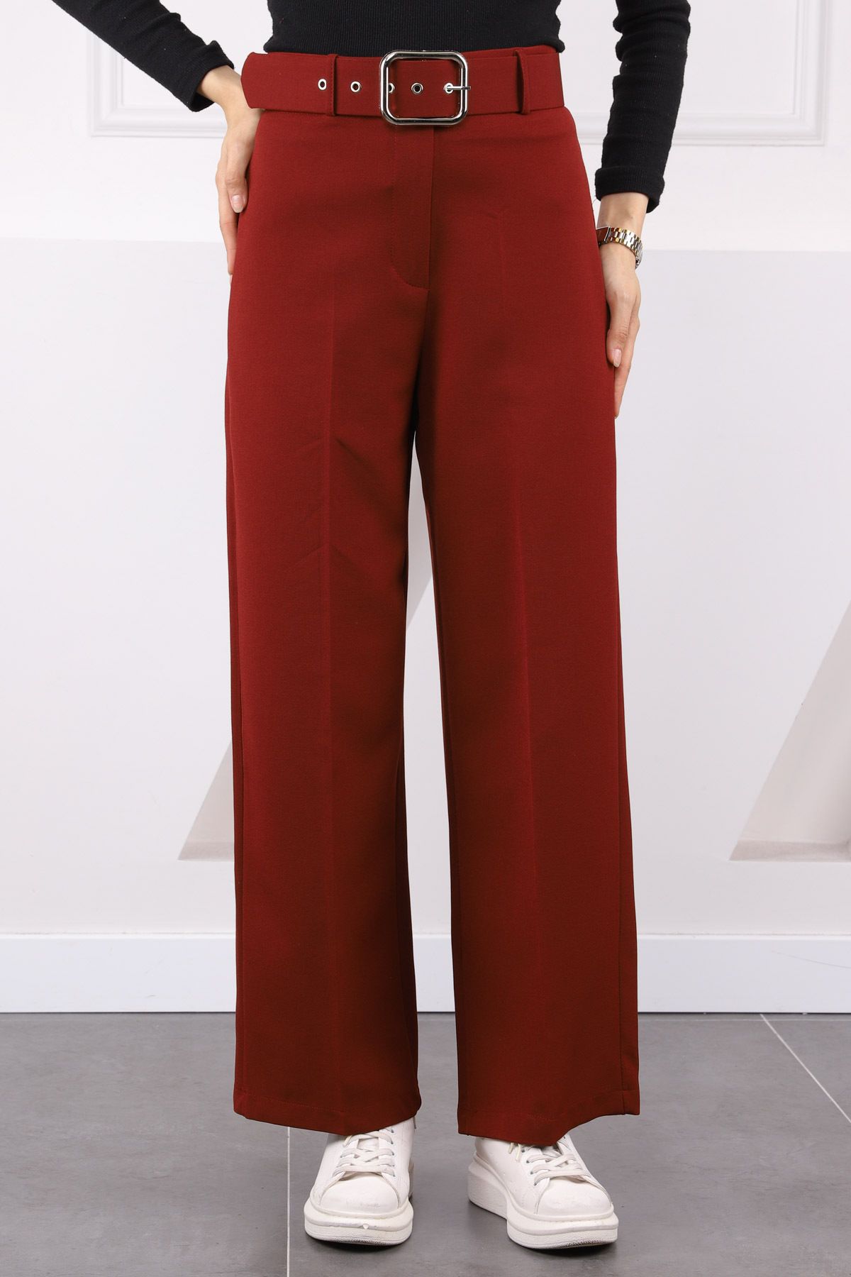 İmajButik Bordo Bol Paça Kemerli Pantolon