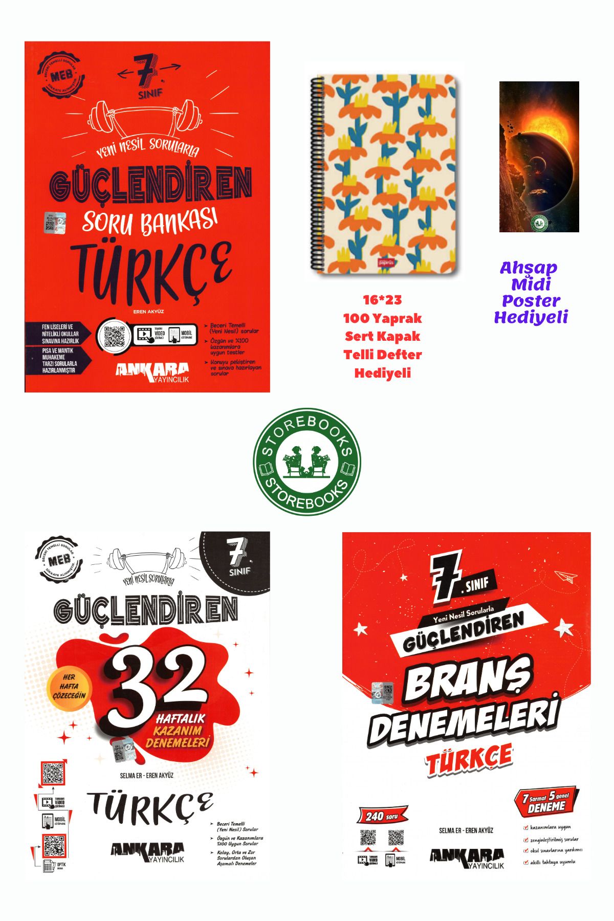 Ankara Yayıncılık 7. Sınıf Güçlendiren Türkçe Soru + Branş ve Haftalık Deneme Seti+Defter ve Ahşap Poster Hediye