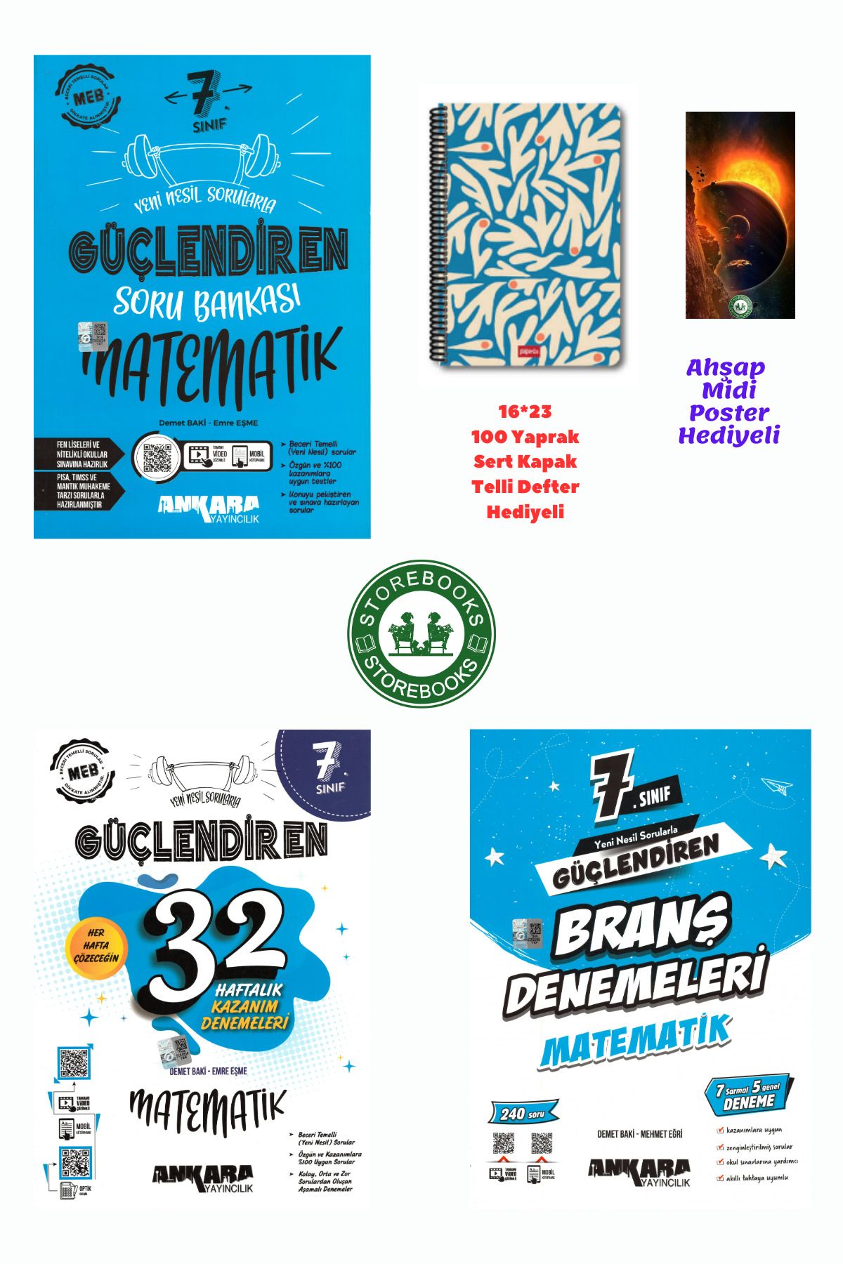 Ankara Yayıncılık 7. Sınıf Güçlendiren Matematik Soru + Branş ve Haftalık Deneme Seti+Defter ve Ahşap Poster Hediye