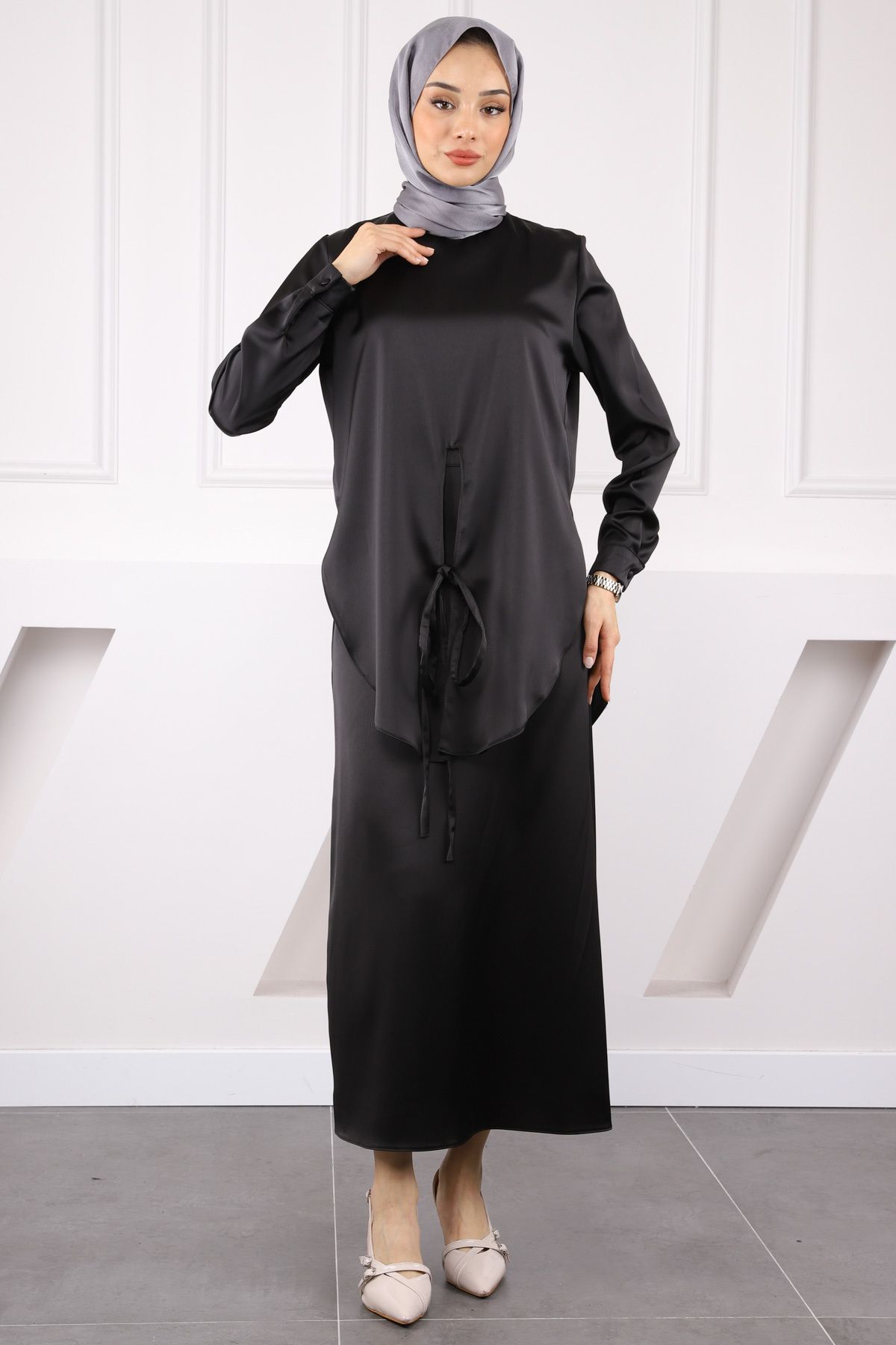 İmajButik Siyah Önden Bağlamalı Tunik Etekli Saten Takım