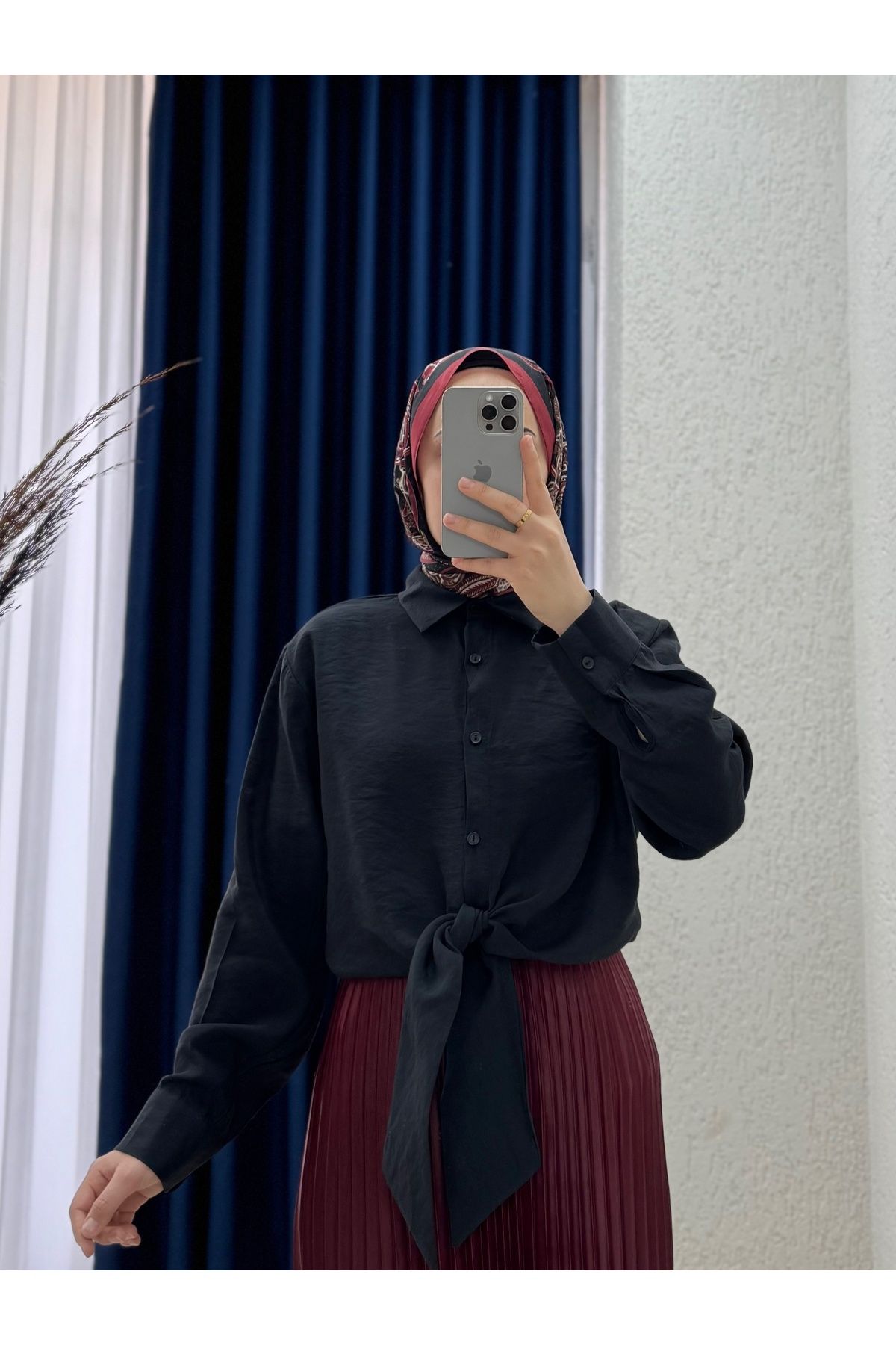 Ebrar Store Trinda Bağlamalı Modal Gömlek-SA25222 Siyah