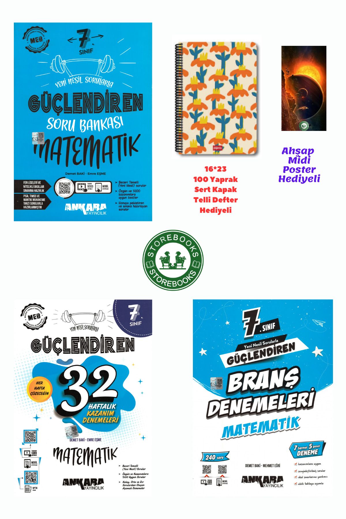 Ankara Yayıncılık 7. Sınıf Güçlendiren Matematik Soru + Branş ve Haftalık Deneme Seti+Defter ve Ahşap Poster Hediye