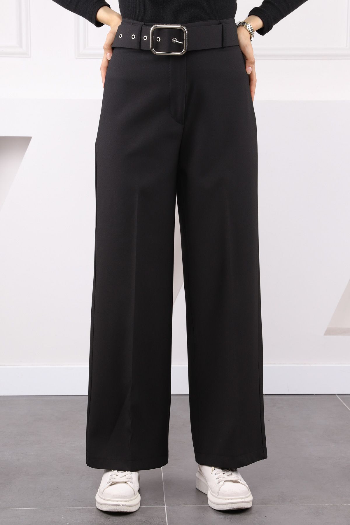İmajButik Siyah Bol Paça Kemerli Pantolon