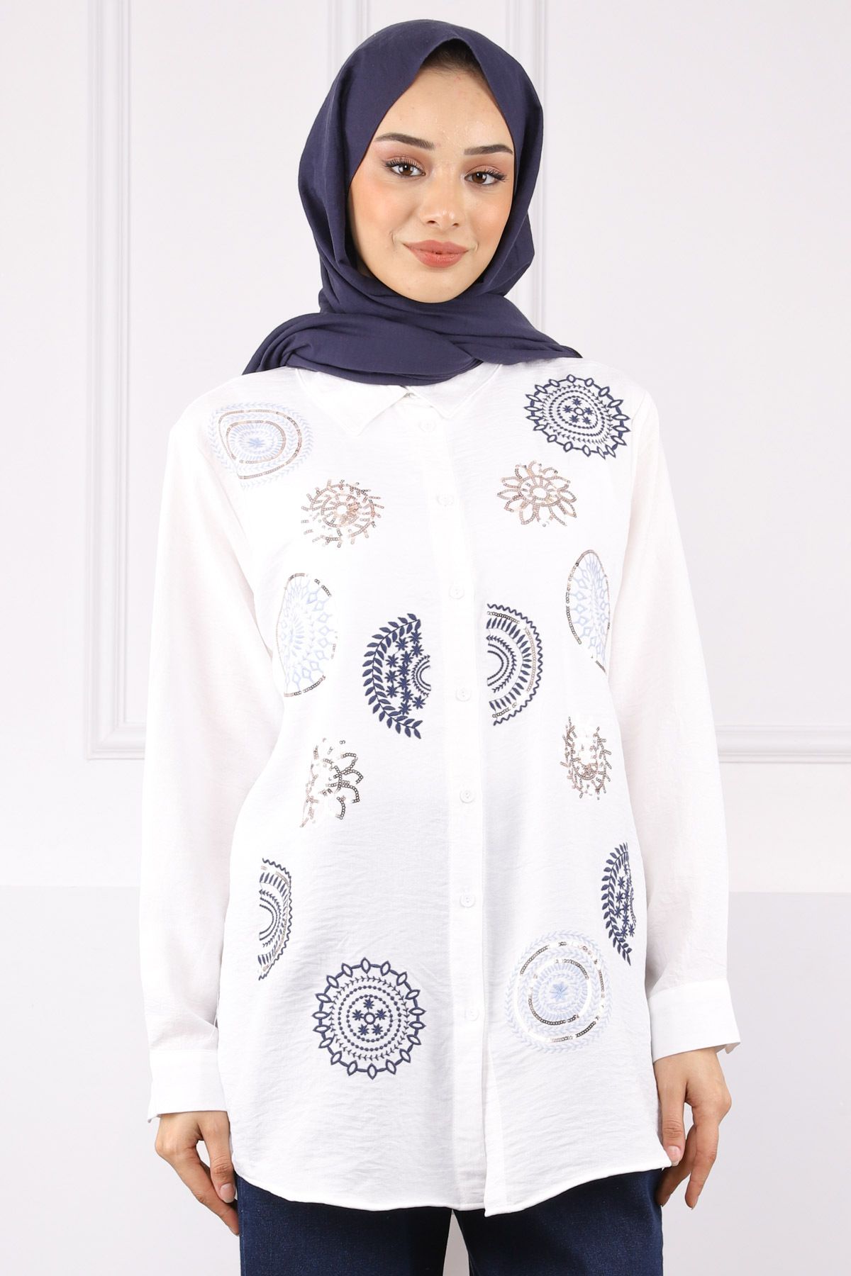 İmajButik Ekru Nakış İşlemeli Gömlek