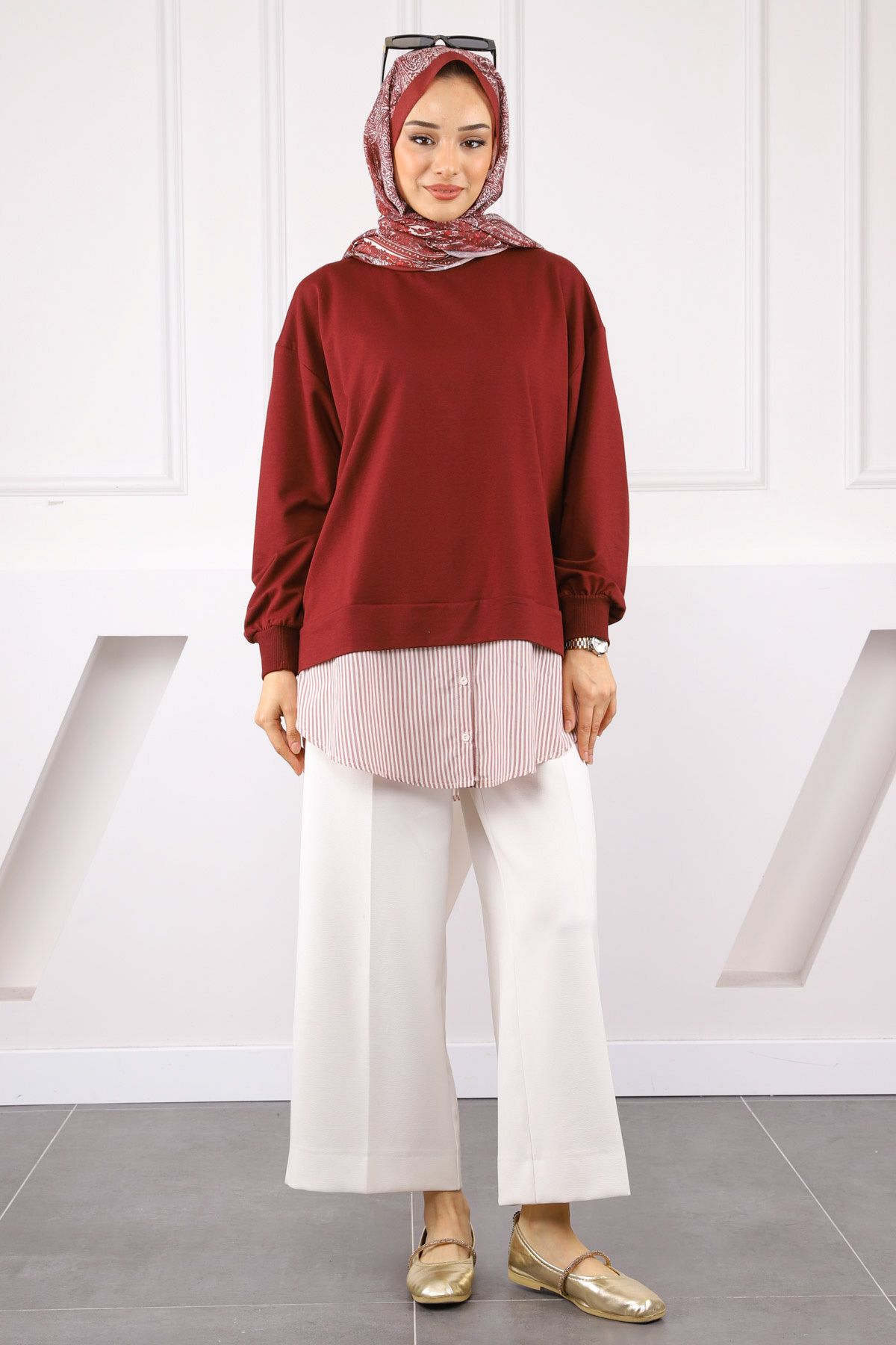 İmajButik Bordo Gömlek Garnili Sweat