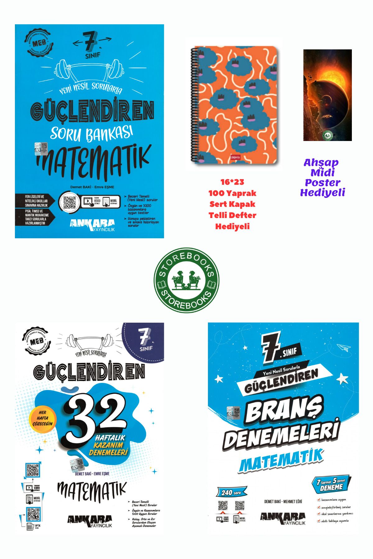Ankara Yayıncılık 7. Sınıf Güçlendiren Matematik Soru + Branş ve Haftalık Deneme Seti+Defter ve Ahşap Poster Hediye