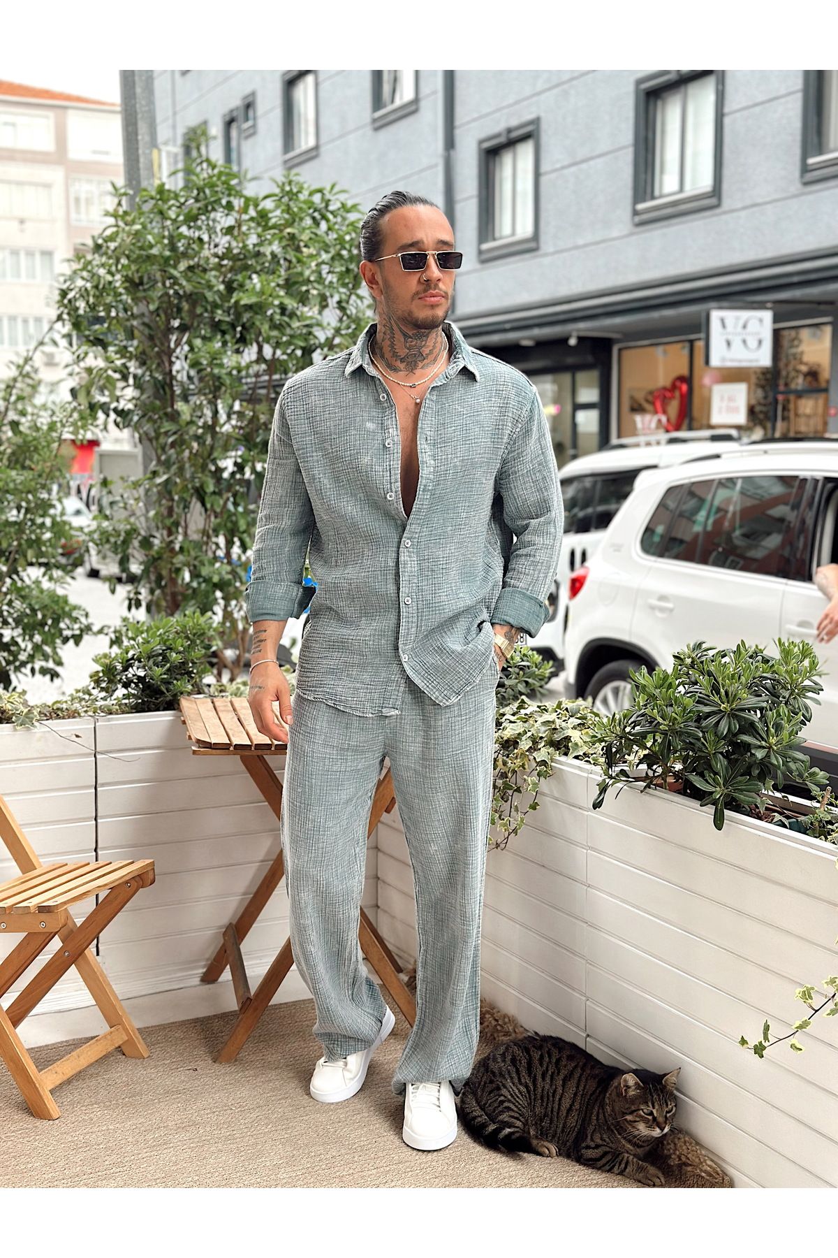 manch collection Yıkamalı Müslin Gömlek Pantolon Takım gri