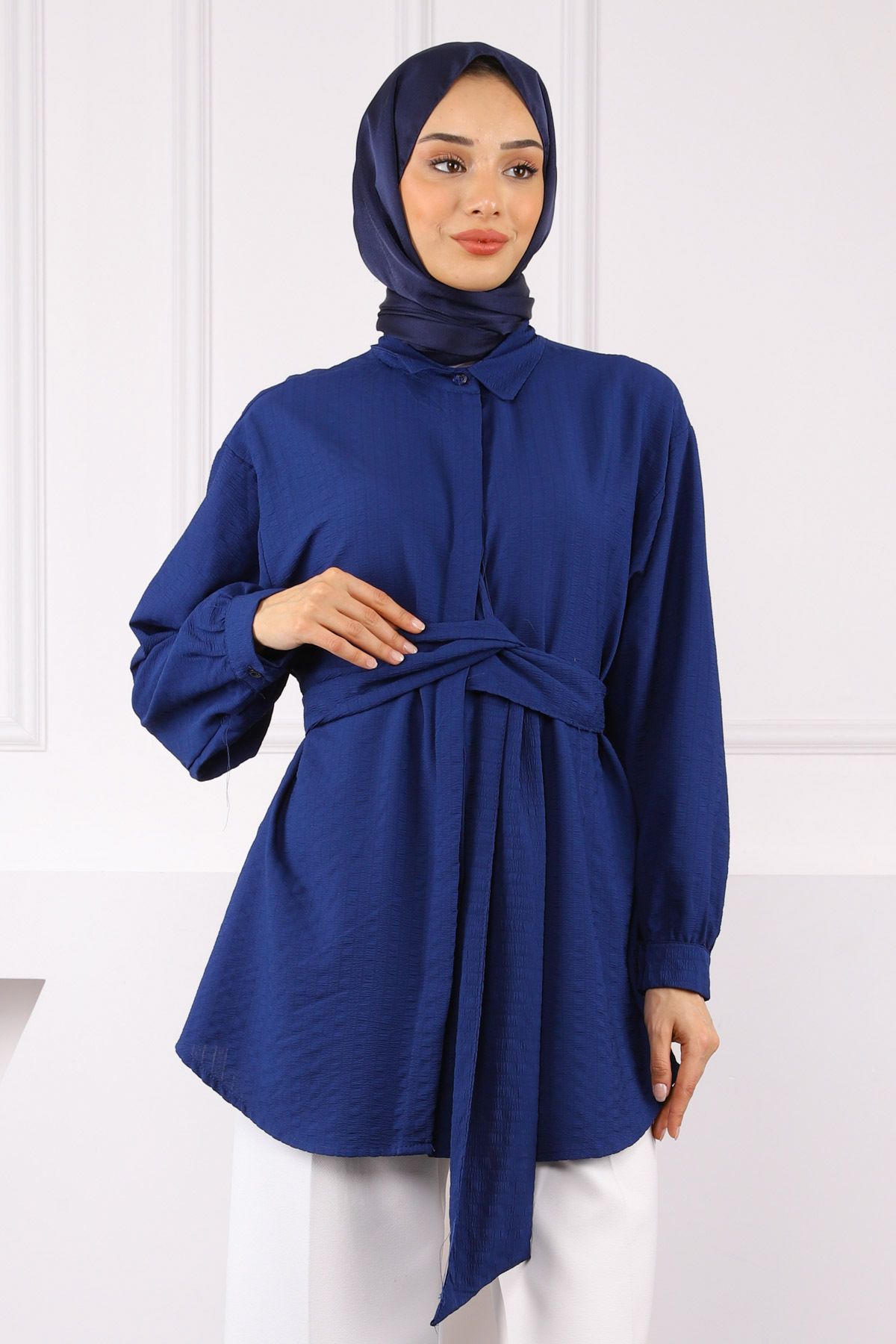 İmajButik Lacivert Kuşak Detaylı Bürümcük Gömlek