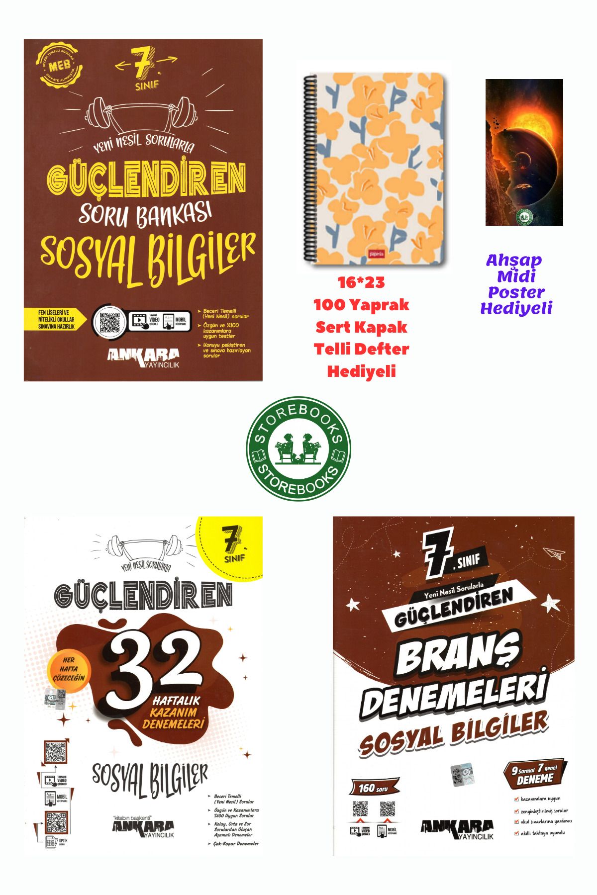 Ankara Yayıncılık 7. Sınıf Güçlendiren Sosyal Bilgiler Soru+Branş ve Haftalık Deneme+Defter ve Ahşap Poster Hediyeli