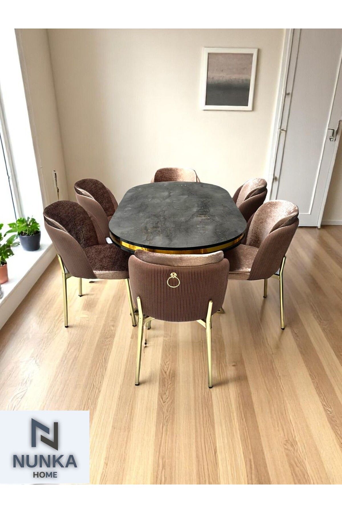 NUNKA HOME 6 Kişilik Arya Gold Line BabyFace Kumaş Mdf Lak Panel Masa Takımı Modern Ve Şık
