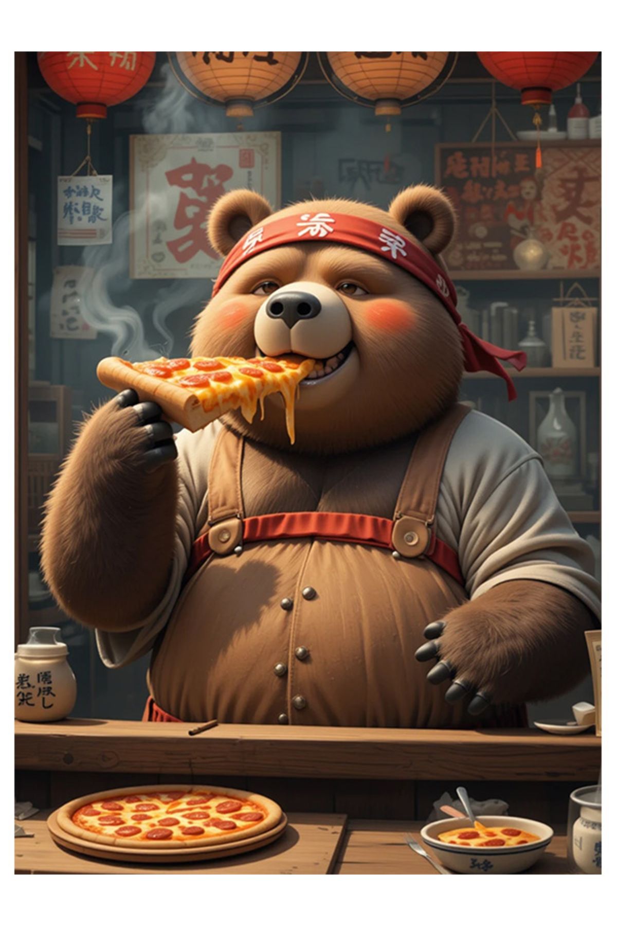 Bedeko Pizza Yiyen Şişman Ayı Ahşap Tablo