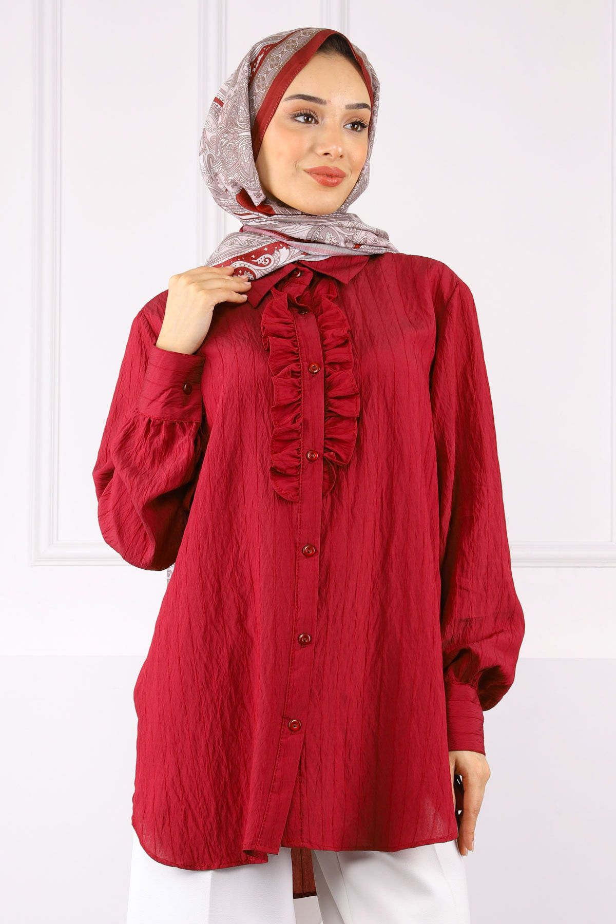 İmajButik Bordo Kol Bağlamalı Gömlek