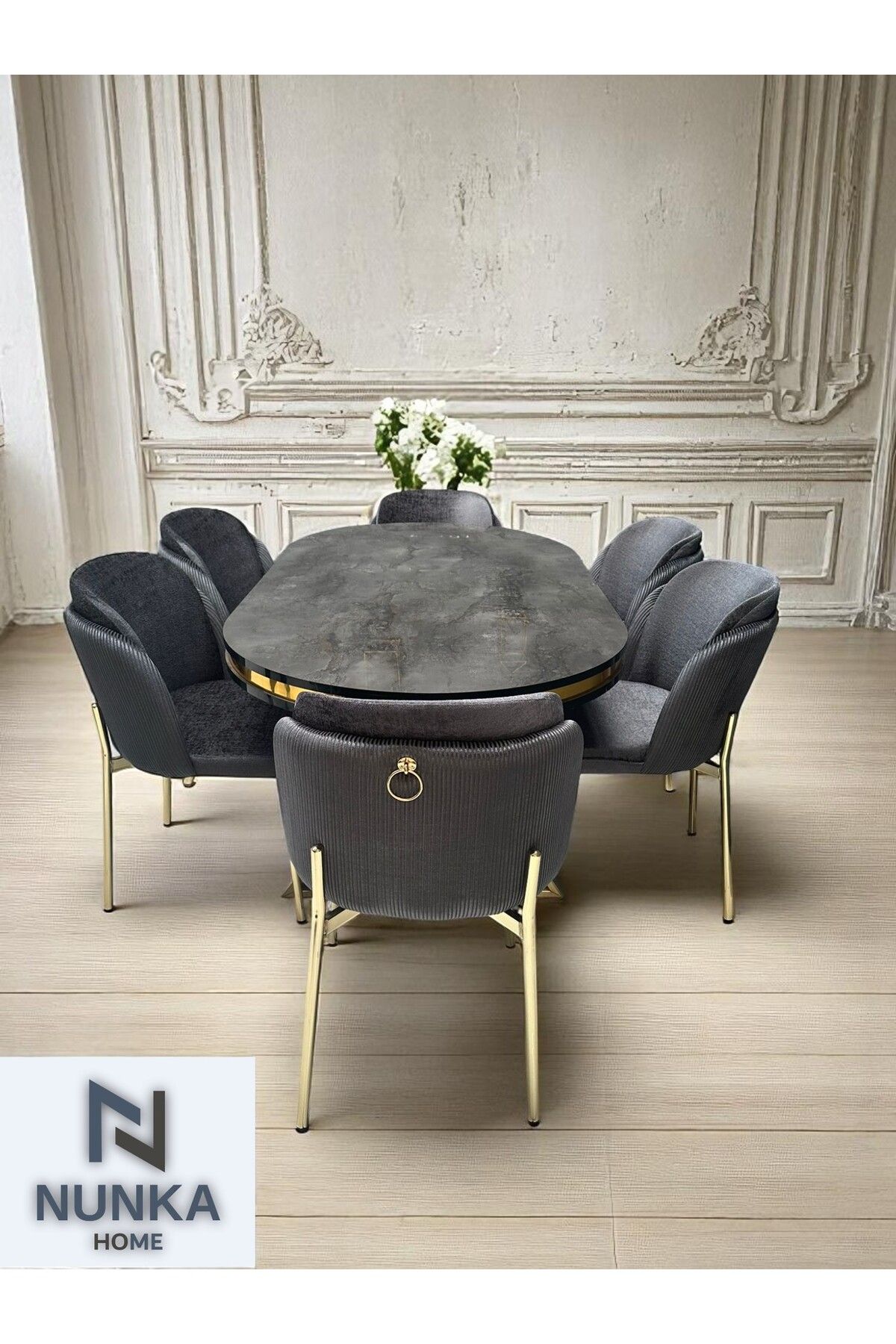 NUNKA HOME 6 Kişilik Arya Gold Line BabyFace Kumaş Mdf Lak Panel Masa Takımı Modern Ve Şık