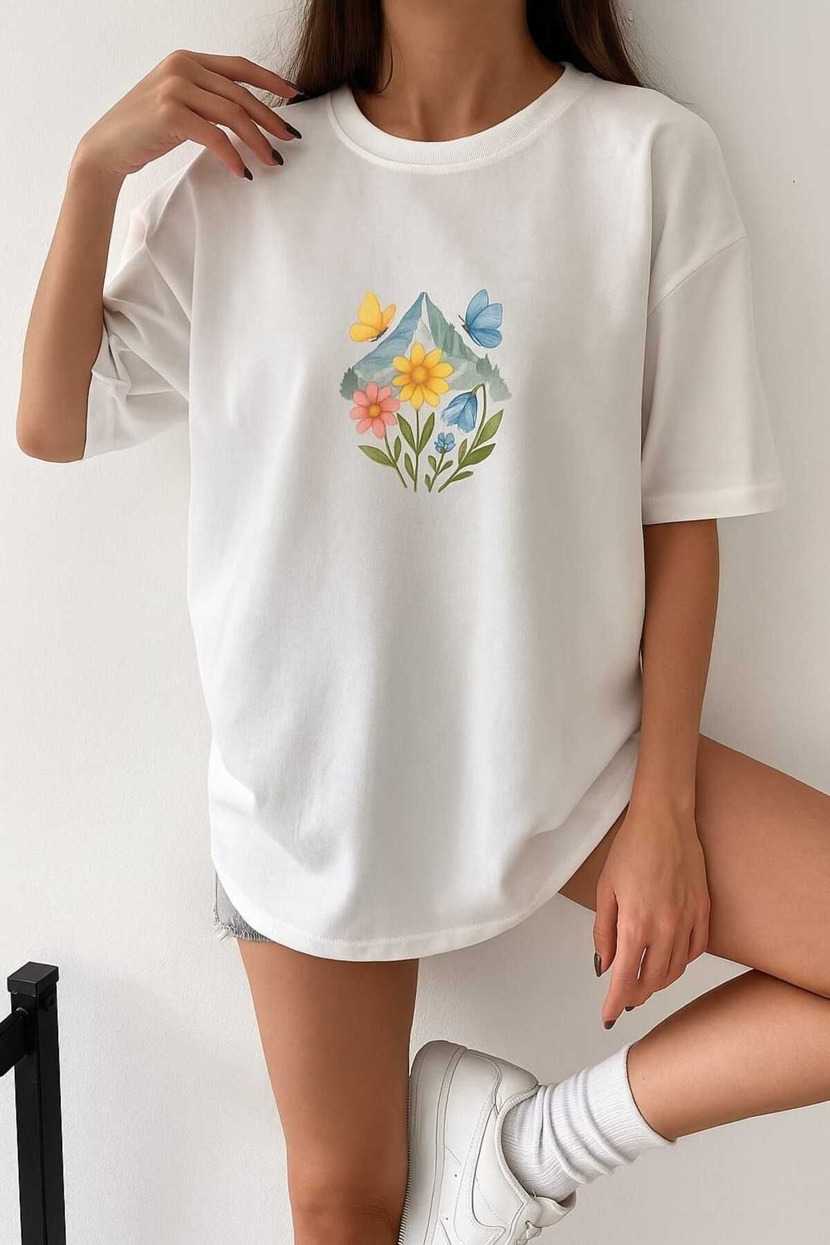 Eldemir Mavi Dağ Baskılı Bisiklet Yaka Pamuk Oversize T-shirt