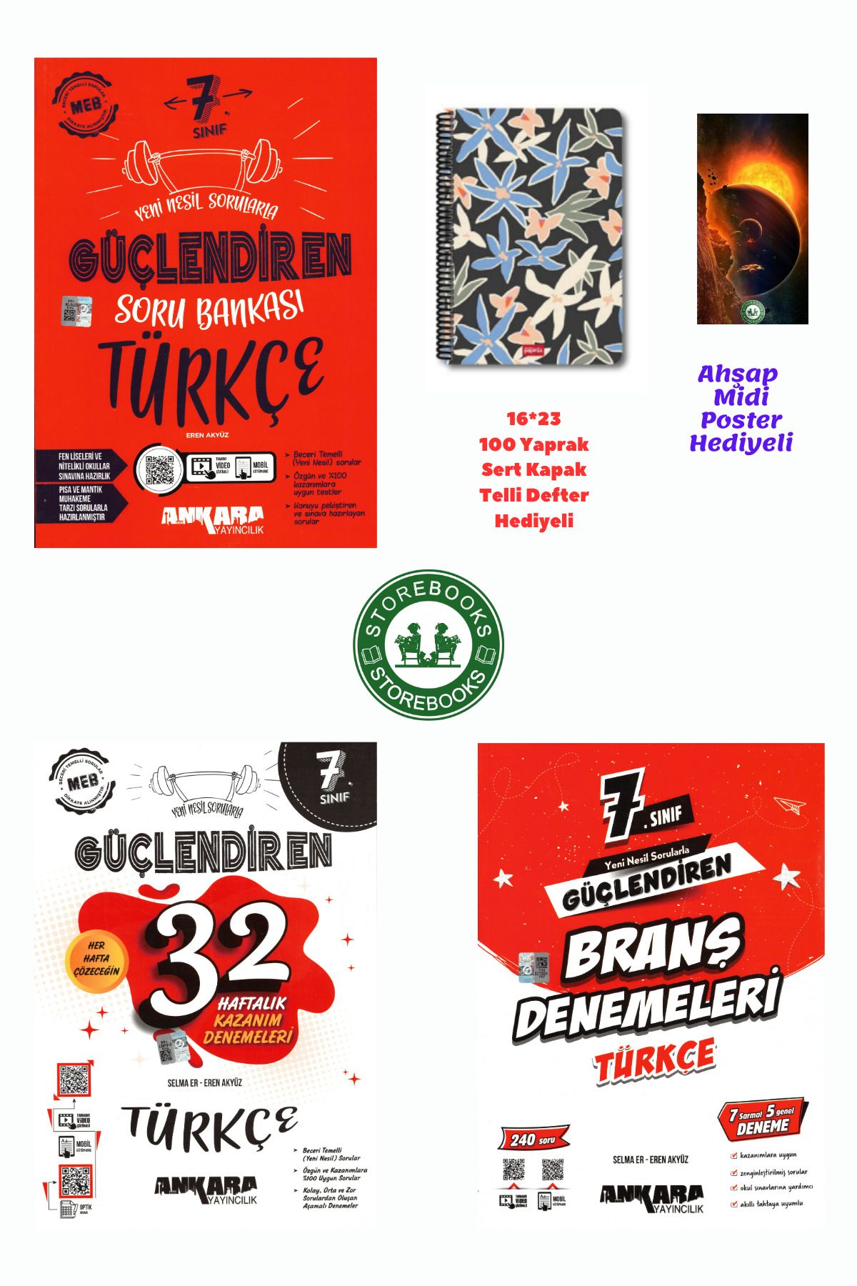 Ankara Yayıncılık 7. Sınıf Güçlendiren Türkçe Soru + Branş ve Haftalık Deneme Seti+Defter ve Ahşap Poster Hediye