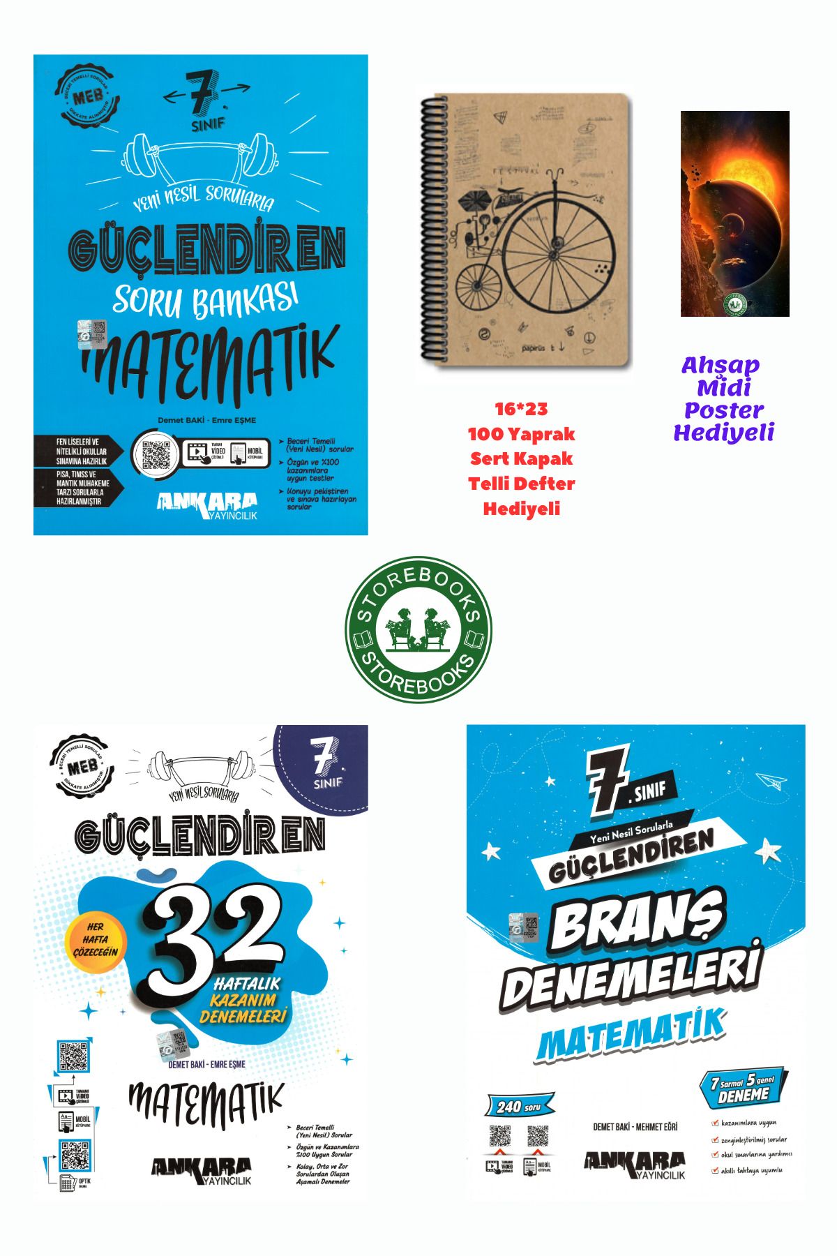 Ankara Yayıncılık 7. Sınıf Güçlendiren Matematik Soru + Branş ve Haftalık Deneme Seti+Defter ve Ahşap Poster Hediye