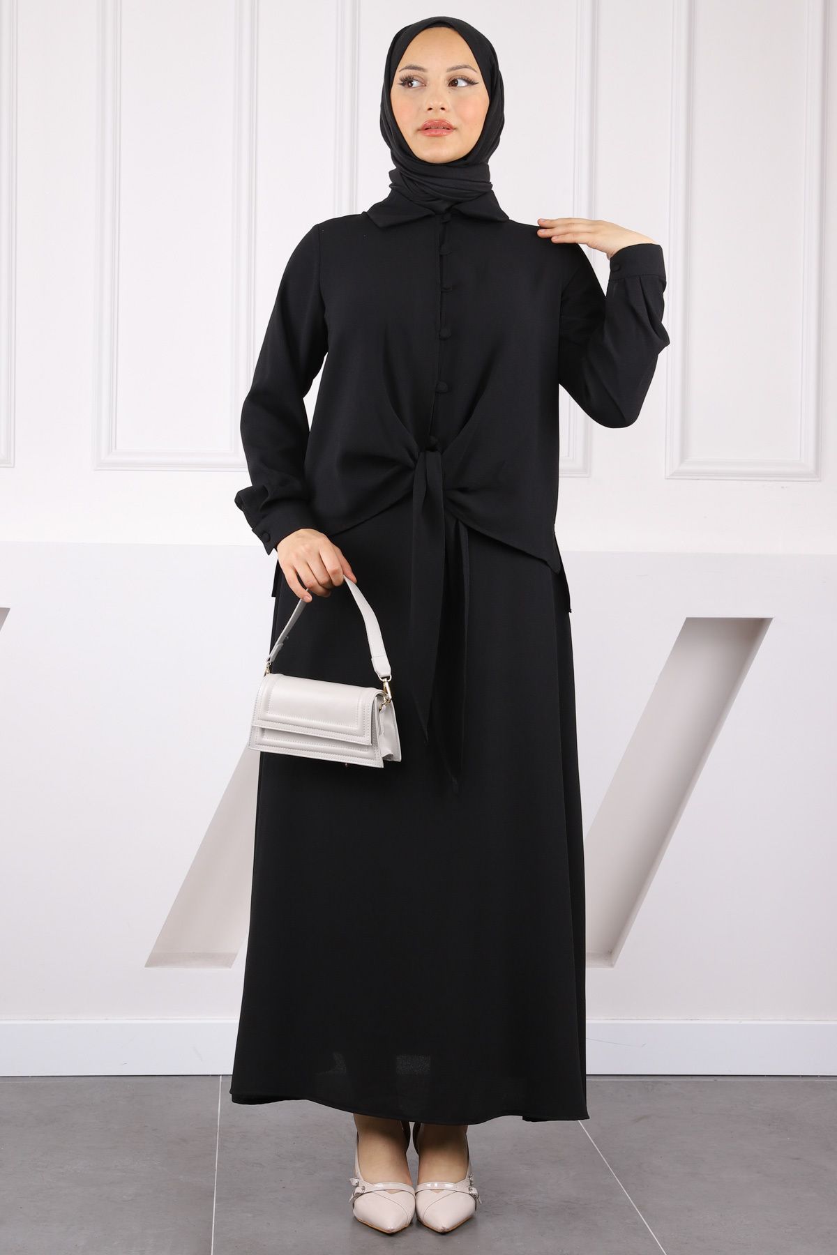 İmajButik Siyah Ön Bağlamalı Gömlek Etekli Takım