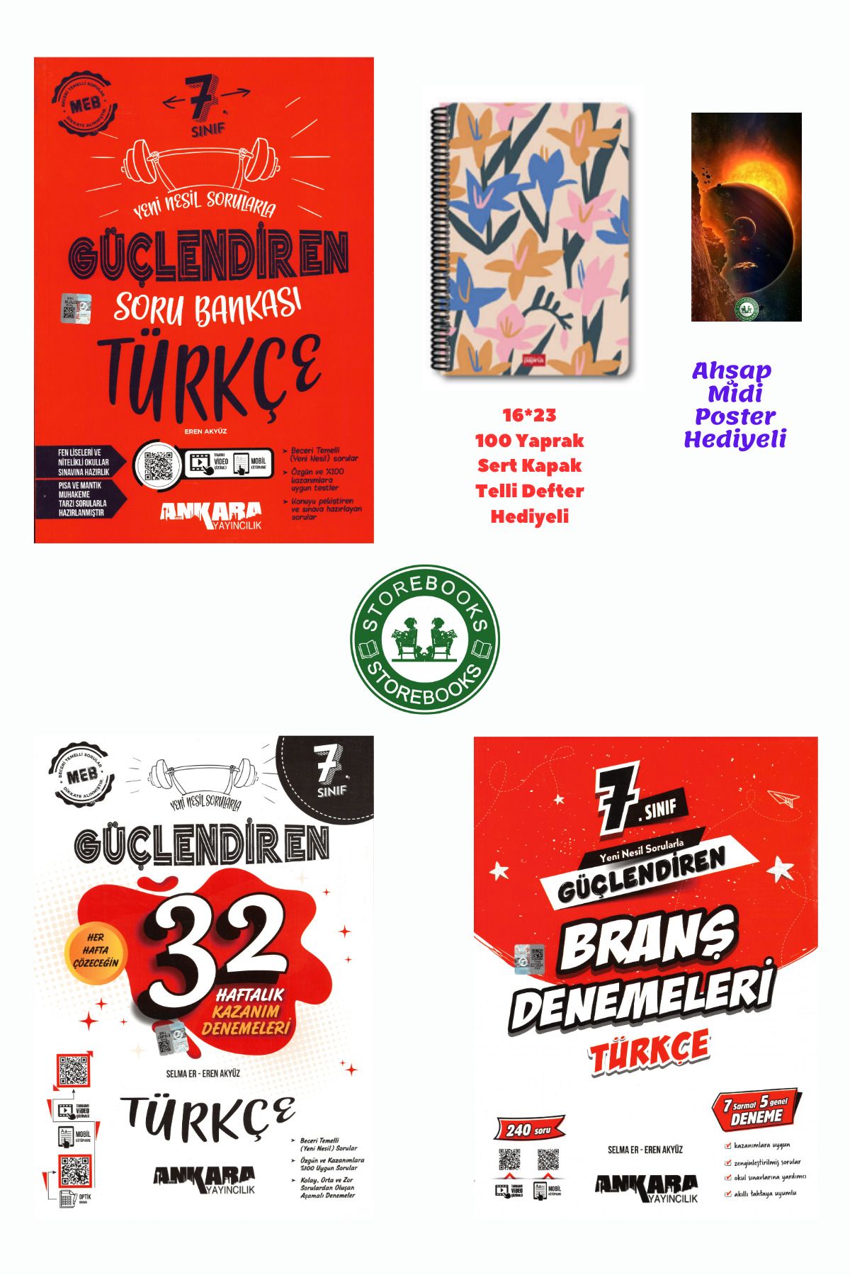 Ankara Yayıncılık 7. Sınıf Güçlendiren Türkçe Soru + Branş ve Haftalık Deneme Seti+Defter ve Ahşap Poster Hediye