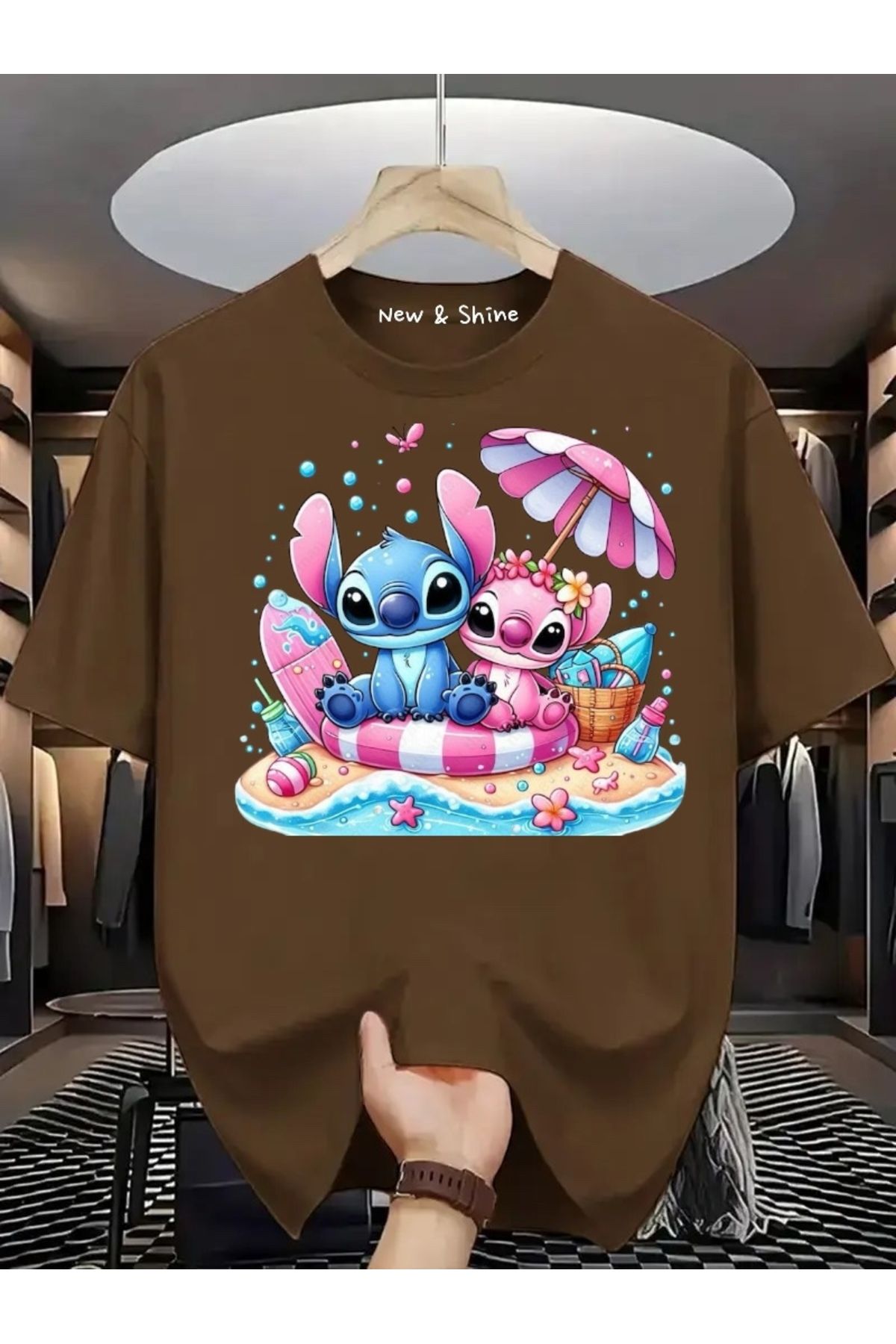 New Shine Stitch ve Angel Baskılı Büyük Beden Oversize T-Shirt