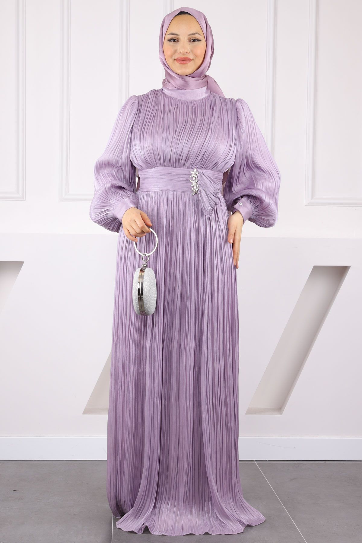 İmajButik Lila Piliseli Taşlı Şifon Abiye