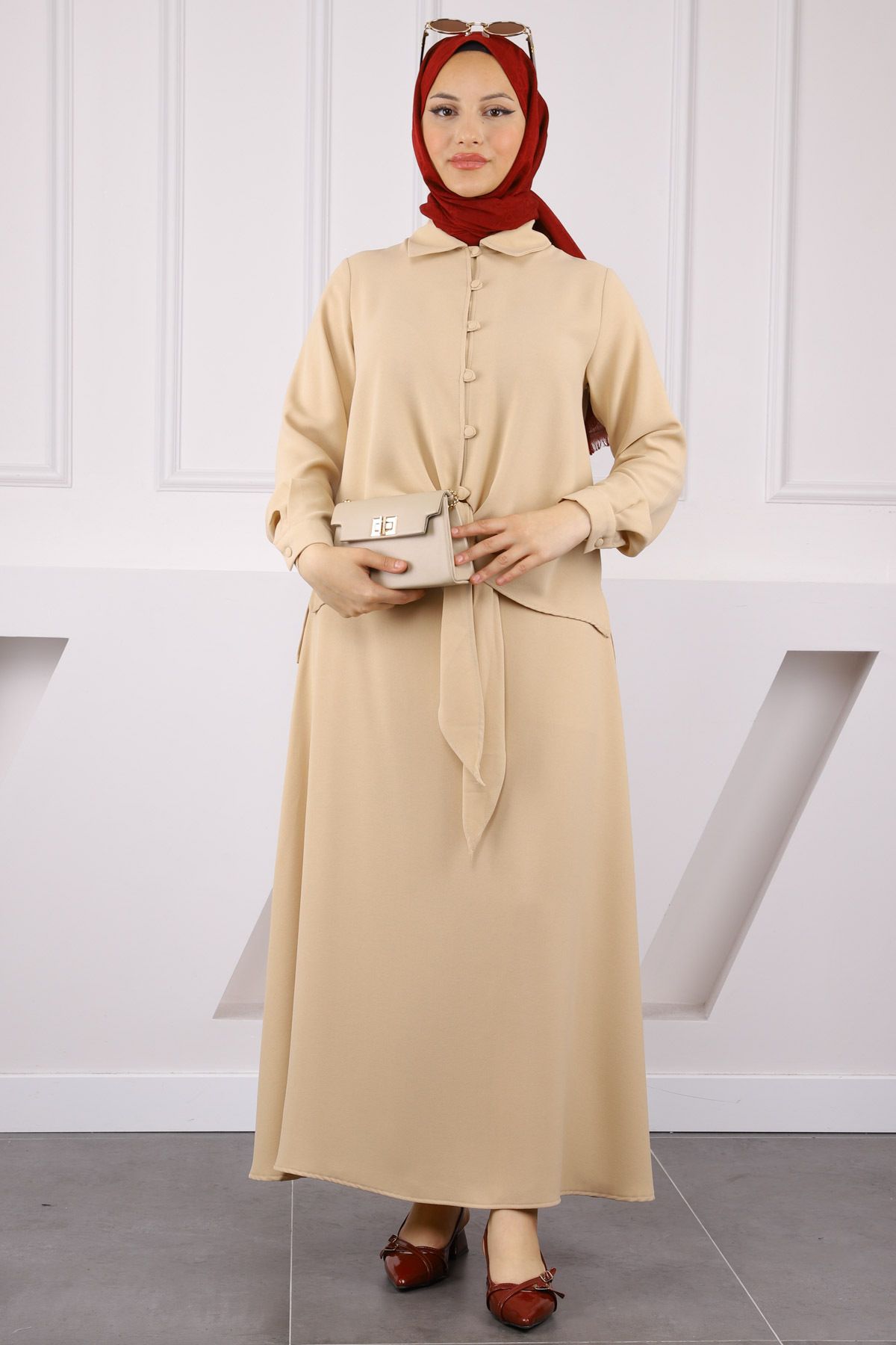 İmajButik Taş Ön Bağlamalı Gömlek Etekli Takım