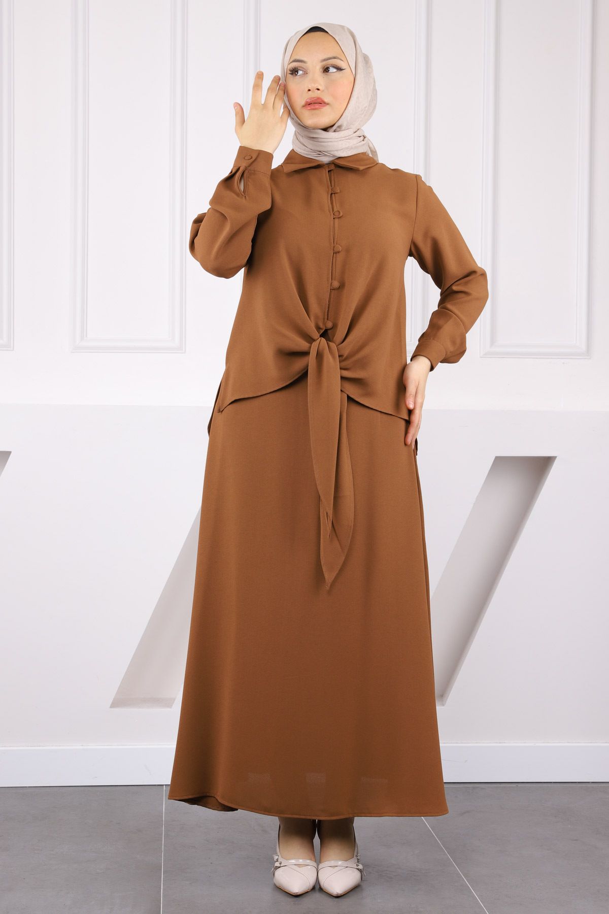 İmajButik Kahve Ön Bağlamalı Gömlek Etekli Takım