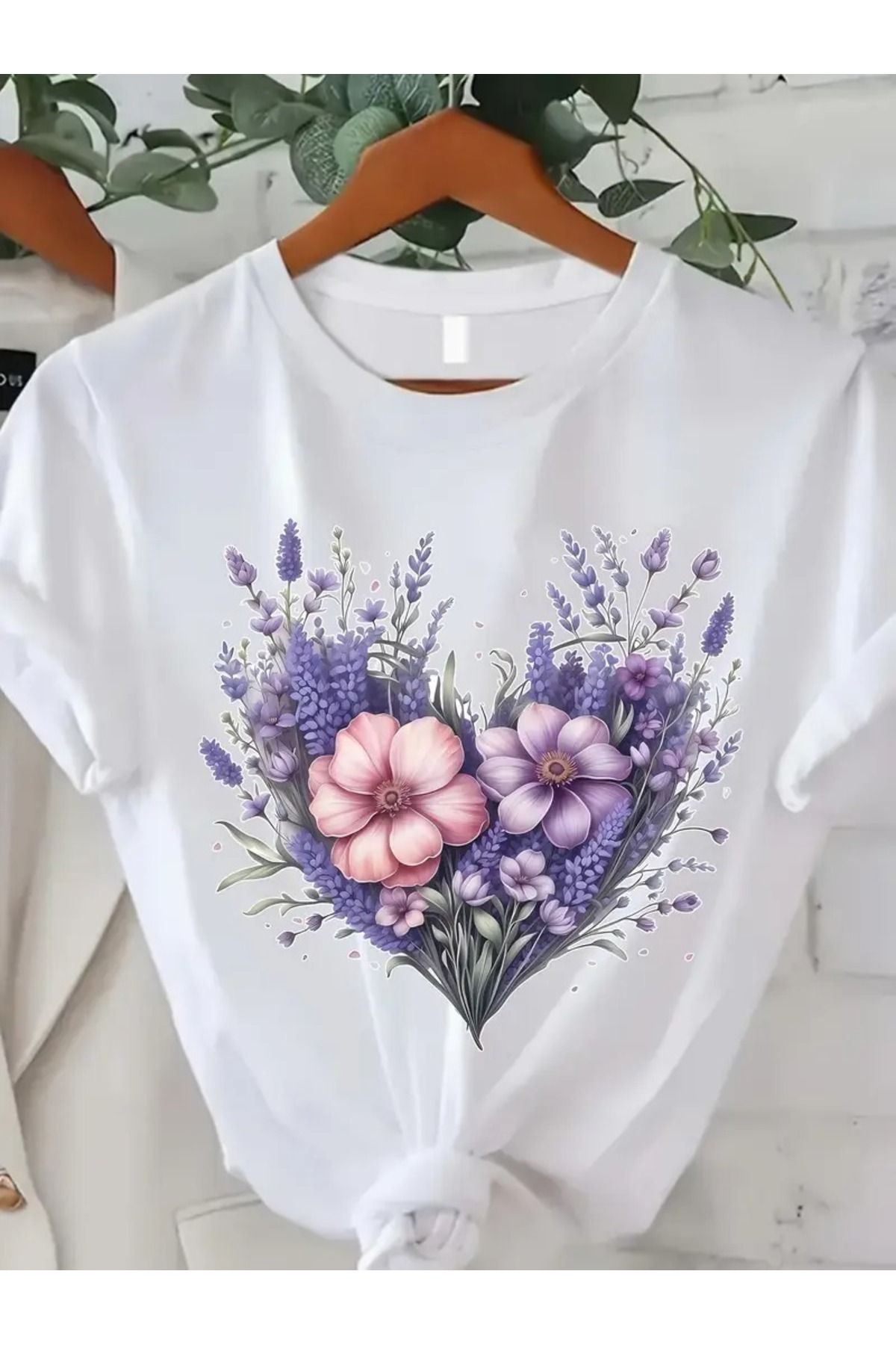 LUNAVISTA Kadın Mor Kalp Desenli Tişört, Günlük Yuvarlak Yaka Üst