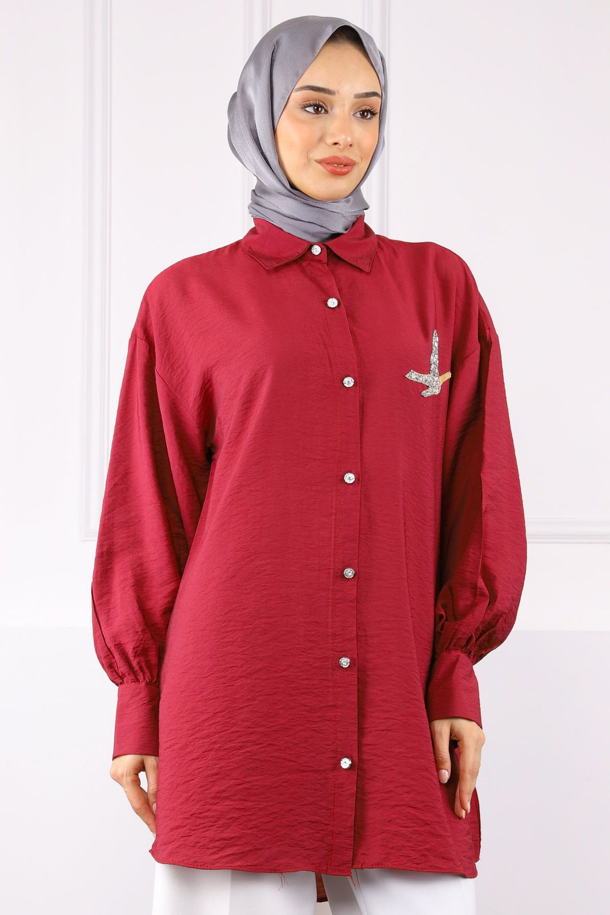İmajButik Bordo Ön Taş Detaylı Gömlek
