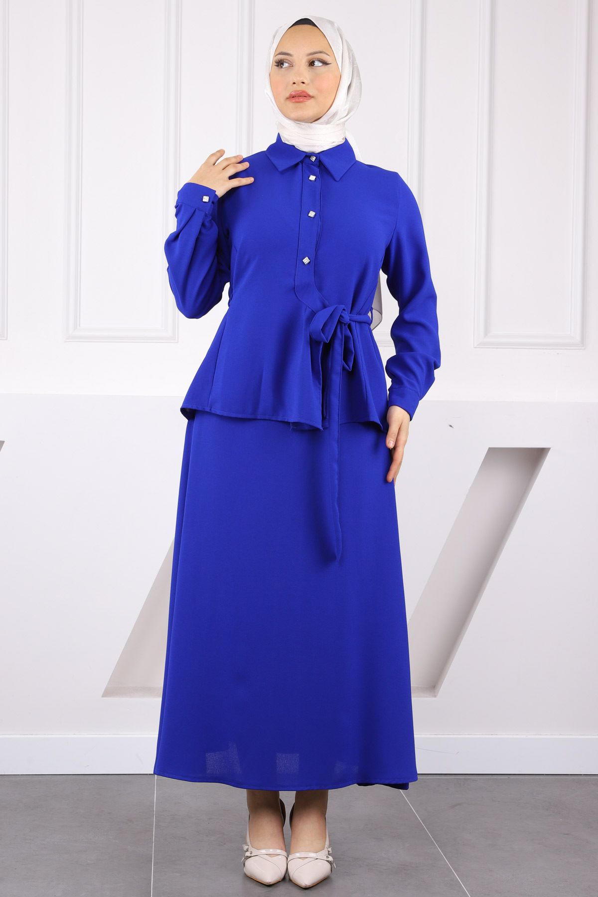 İmajButik Saks Mavi Yan Bağlamalı Gömlek Etekli Takım